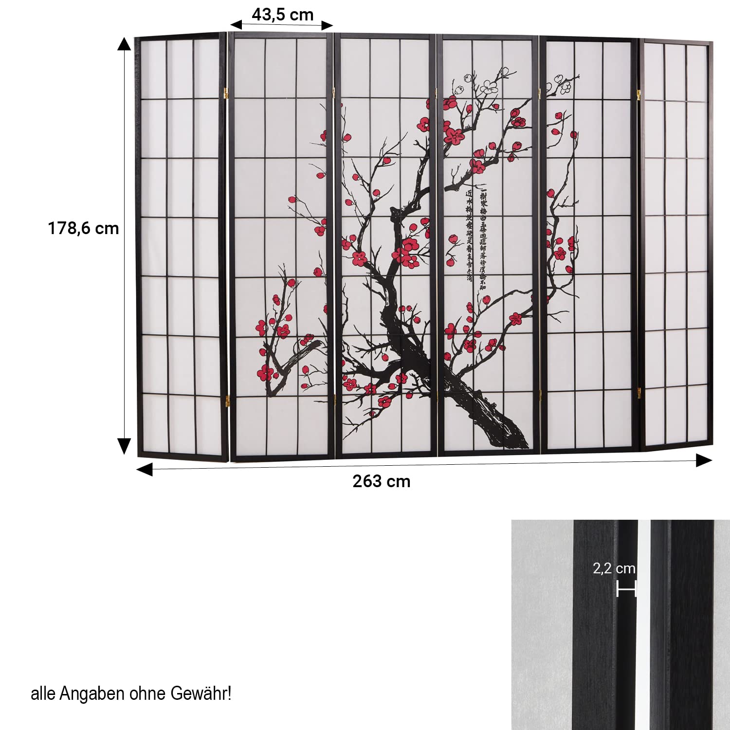 Homestyle4u Paravent Kirschblüten Muster 6-teilig, Raumteiler Shoji 179cm hoch, Trennwand innen Reispapier Holz im japanischen Stil, Artikel 2007