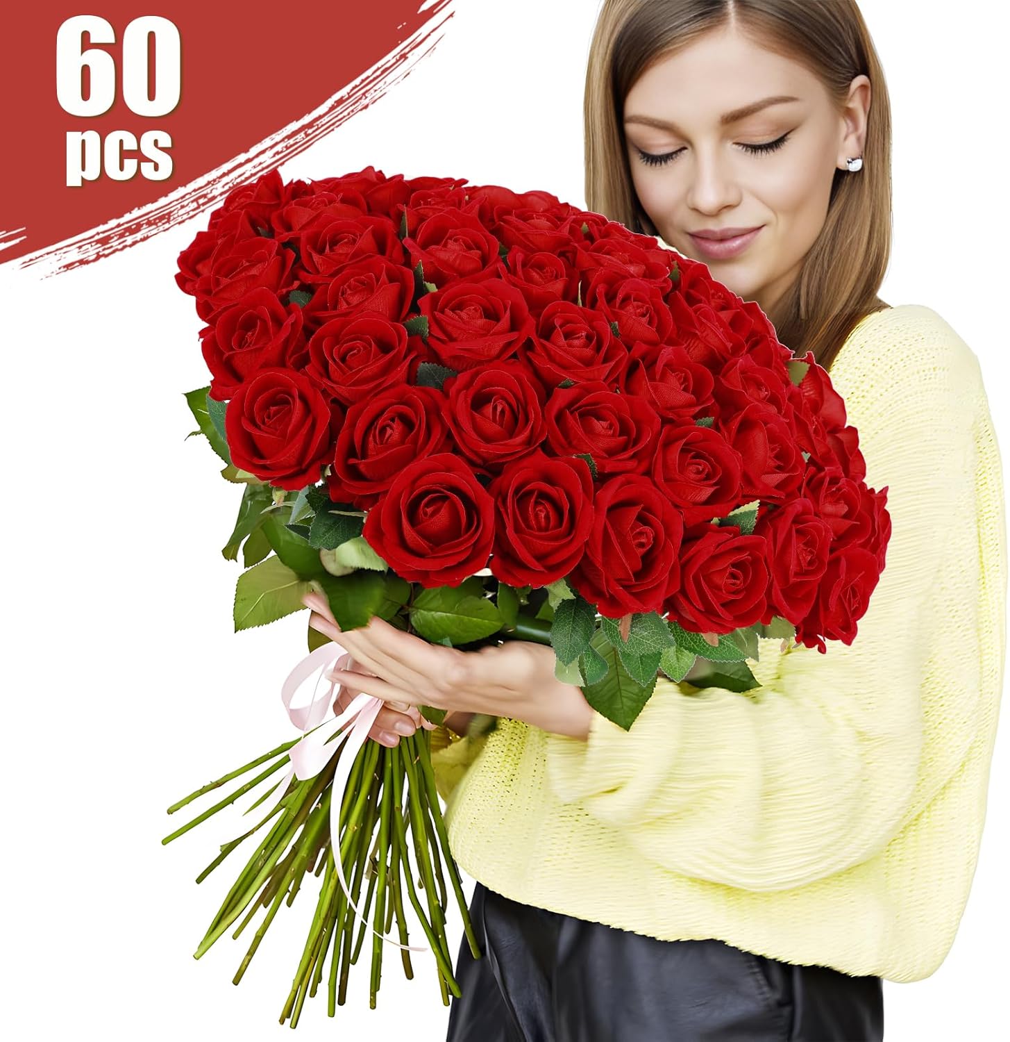 60 Pcs Artificial Roses Bulk Velvet Silk Roses Red Rose Flowers for Wedding Centerpieces Bridal Bouquet Mohter's Day Valentine's Day Christmas Home Decor (60, Red) - Image 3