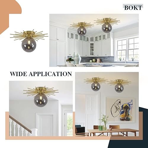 Miniatura 5 de BOKT Moderna lámpara de techo dorada cepillada, lámpara de techo vintage gris humo de cristal semiempotrado de latón cerca de la luz de techo para