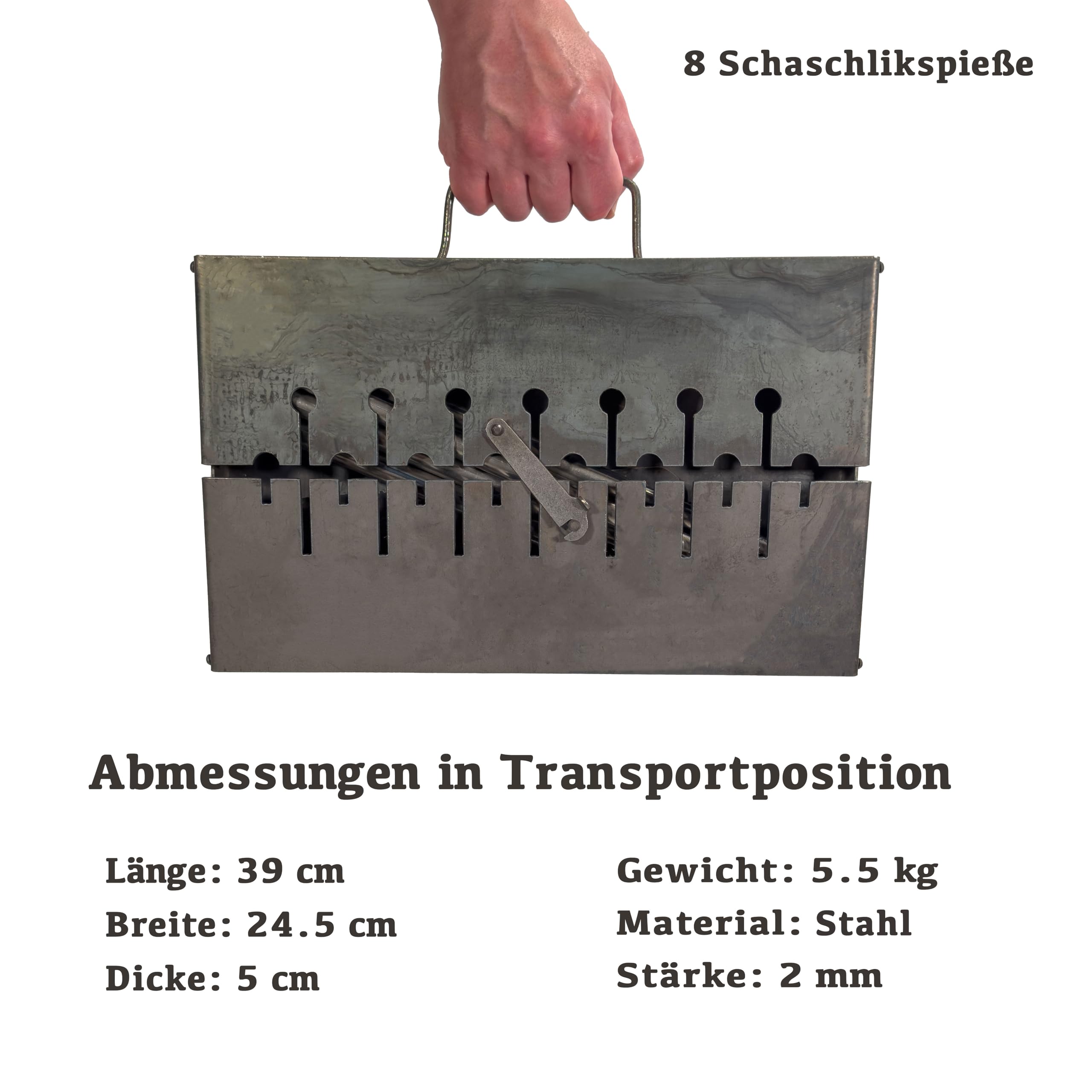 Mangal Grill Schaschlik Holzkohlegrill – Faltbarer BBQ Koffer-Grill aus 2 mm Stahl für 8 Spieße – Tragbarer Outdoor Kohlegrill für Camping, Garten, Picknick & Reisen