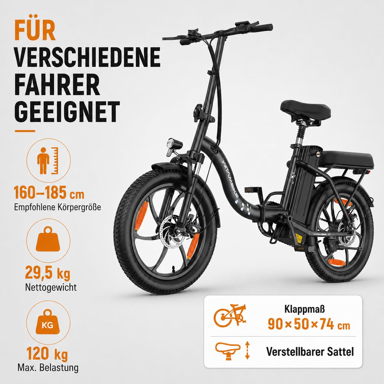 WITAMBIKE C16 E Bike Klapprad 20 Zoll für Herren Damen, 250W Pedelec, 48V 16Ah Akku bis 100 km, Fatbike Elektrofahrrad für Pendeln und Reisen, 7-Gang, Federgabel, Scheibenbremsen