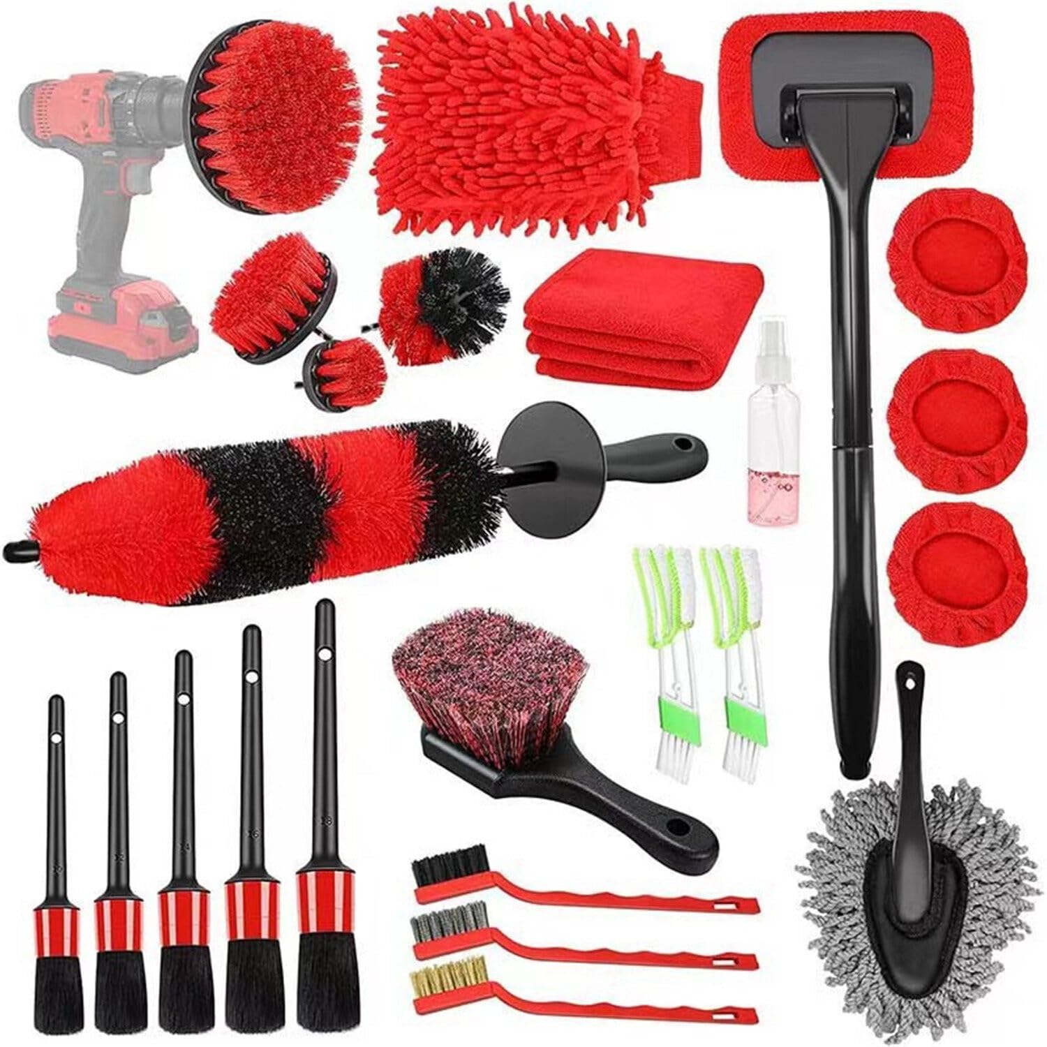 24-teiliges Auto-Reinigungswerkzeug-Set, Auto-Detail-Pinsel-Set zur Reinigung von Rädern, Armaturenbrett, Leder, Motor, Lüftungsschlitzen, Emblemen, Auto-Detail-Pinsel-Set, Auto-Bohrerbürsten-Set,