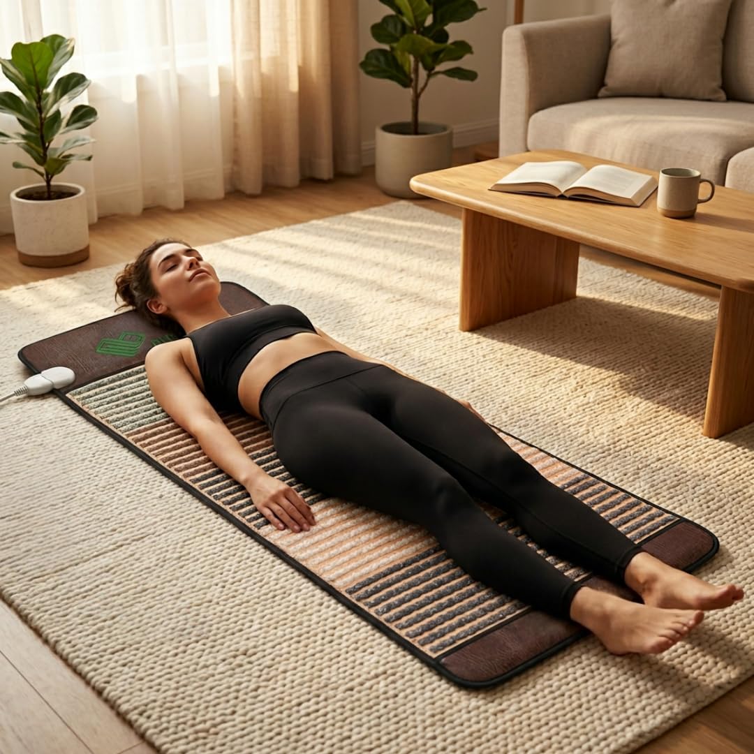 Condition photo showing New/Like New for phymat 59x23.6in far infrared heating mat - 4 natural gemstones & tourmaline ceramic - rollable portable hot stone spa meditation pad - smart controller & auto off