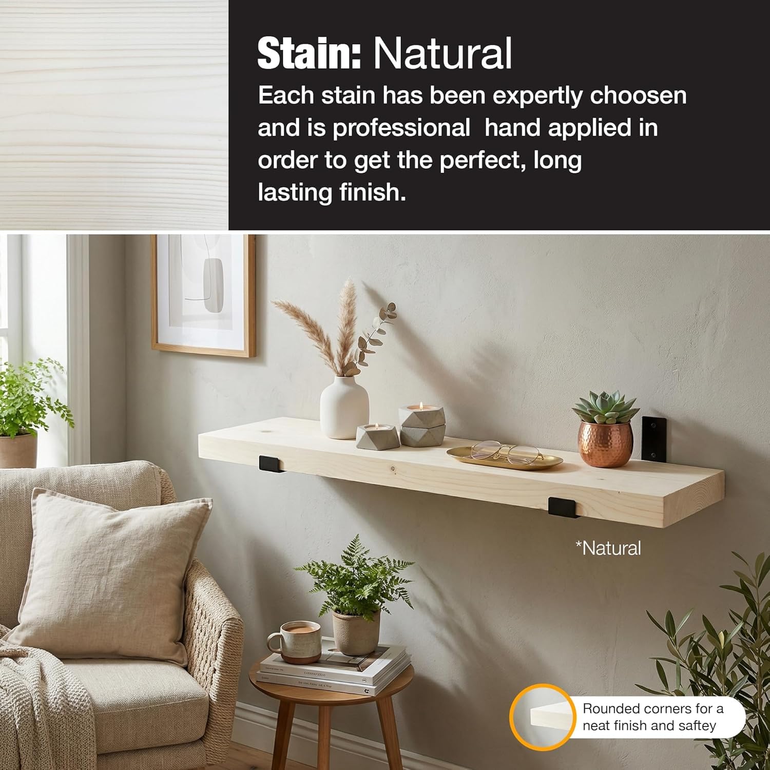 Top Notch Home & Living Handcrafted Rustic Wooden Wall Shelf, Incl 2 Up Brackets - Image 3