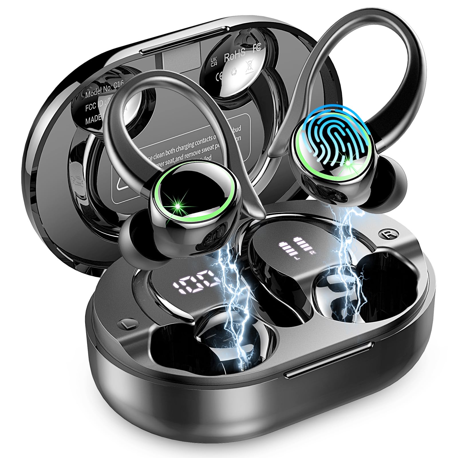 Bluetooth Kopfhörer Sport, Kopfhörer Kabellos Bluetooth 5.4 mit ENC Noise Cancelling und 4 HD Mics, In Ear Kopfhörer mit Hi-Fi Stereo, 50 Std Kabellose Ohrhörer, USB-C/LED-Display, IP7 Wasserdicht