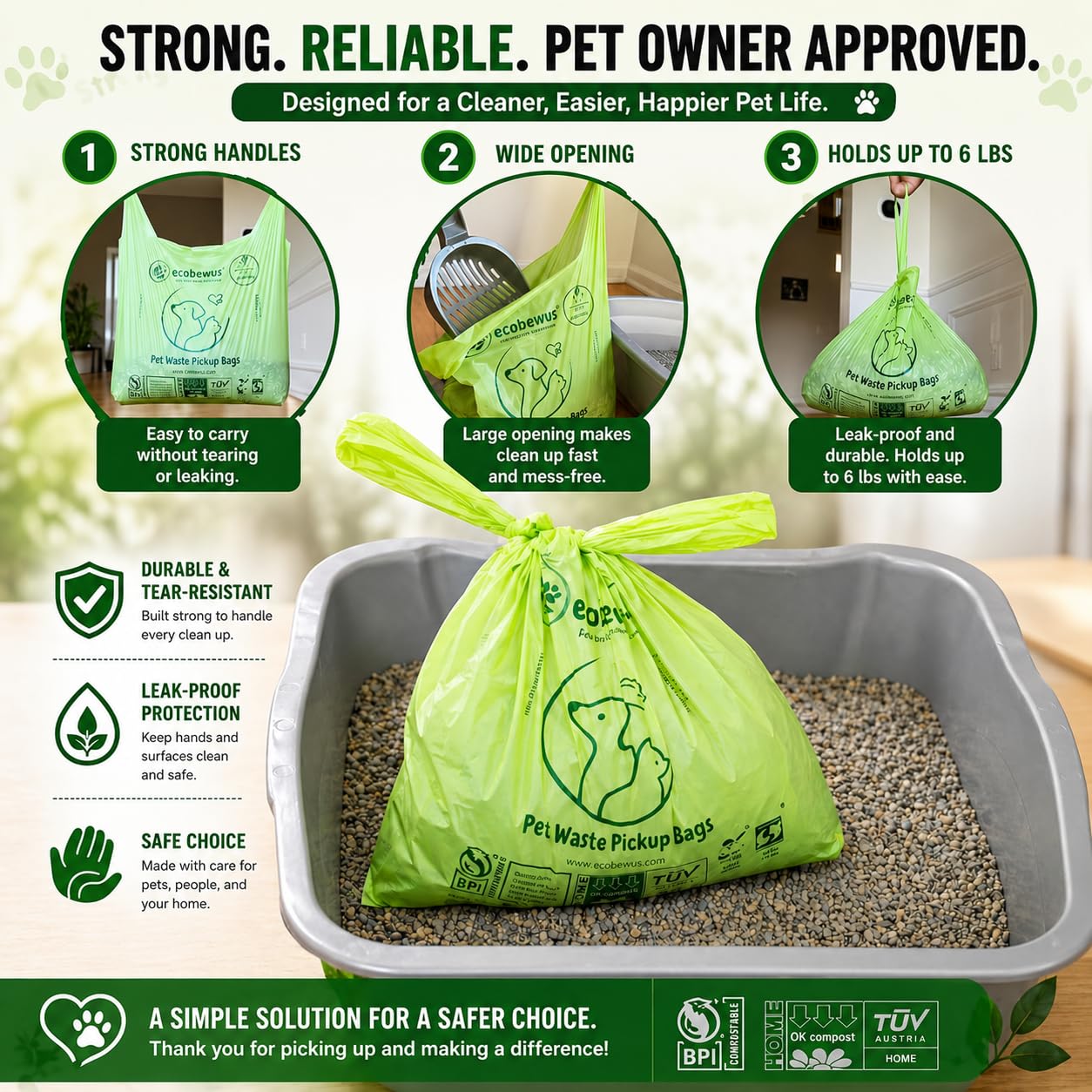 Bolsa de eliminación de residuos de mascotas 100% compostable (120 bolsas) a base de plantas para gatos y excrementos, bolsas de recogida de excrementos de perro con asas, sacos de pañales US BPI ASTM