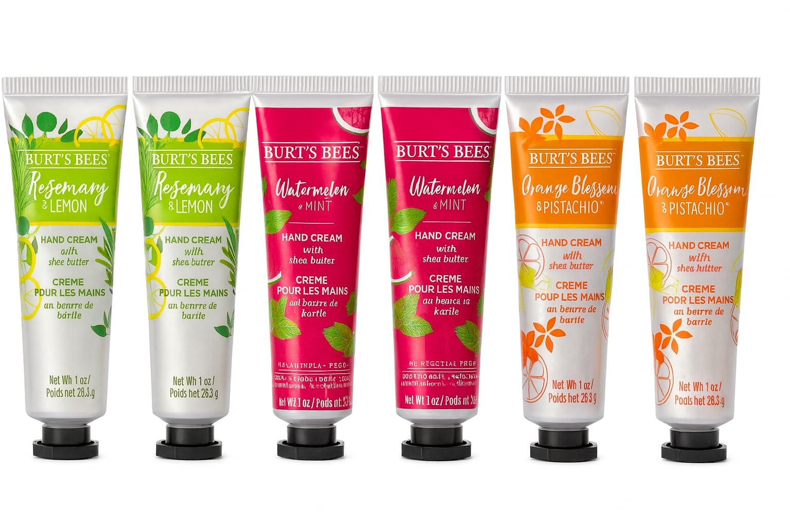 Burt's Bees Shea Butter Hand Cream 6 Count Variety Bundle - Watermelon Mint, Orange Pistachio, Rosemary Lemon