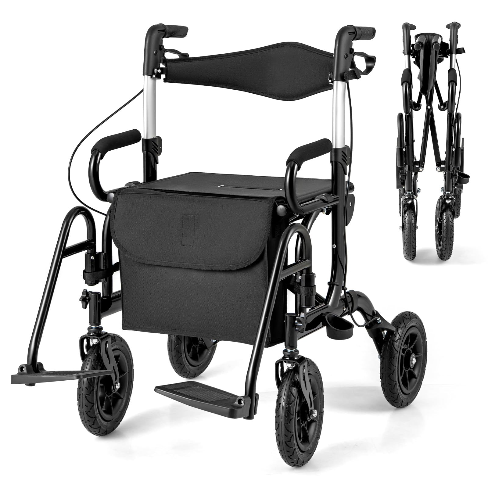 FANTASK 2 in 1 Rollstuhl & Reiserollator, Rollator faltbar & leicht mit Luftbereifung, Gehhilfe bis 140 kg, Rückenlehne mit Sitz 6-fach höhenverstellbar, Gehwagen mit Tasche & Stockhalter (Schwarz)