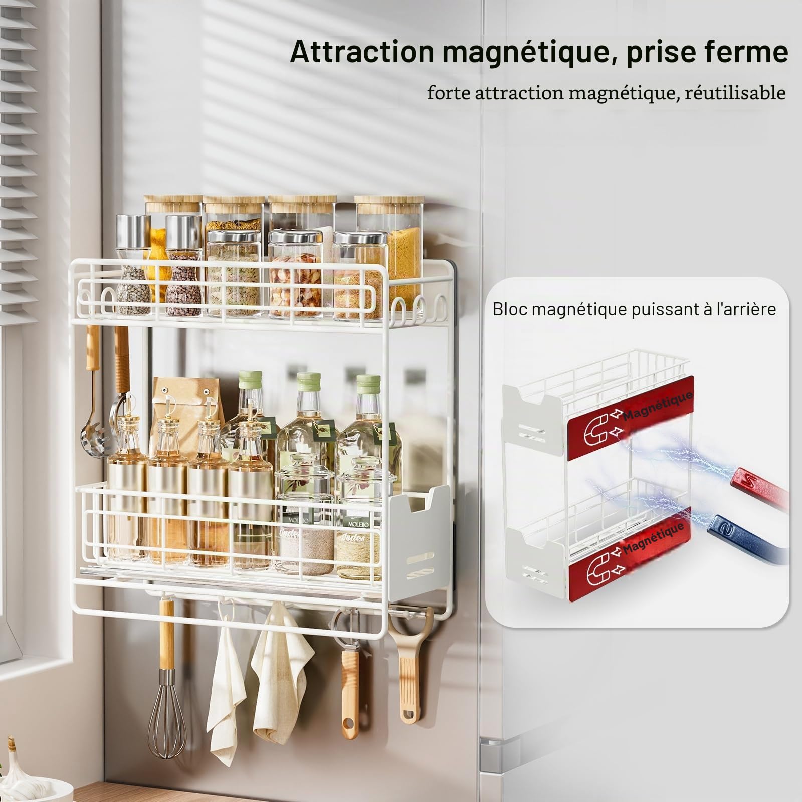 Étagère de rangement magnétique à épices pour réfrigérateur, organiseur de réfrigérateur blanc avec couches coulissantes, étagère magnétique mobile en métal, double étagère magnétique avec 5 crochets