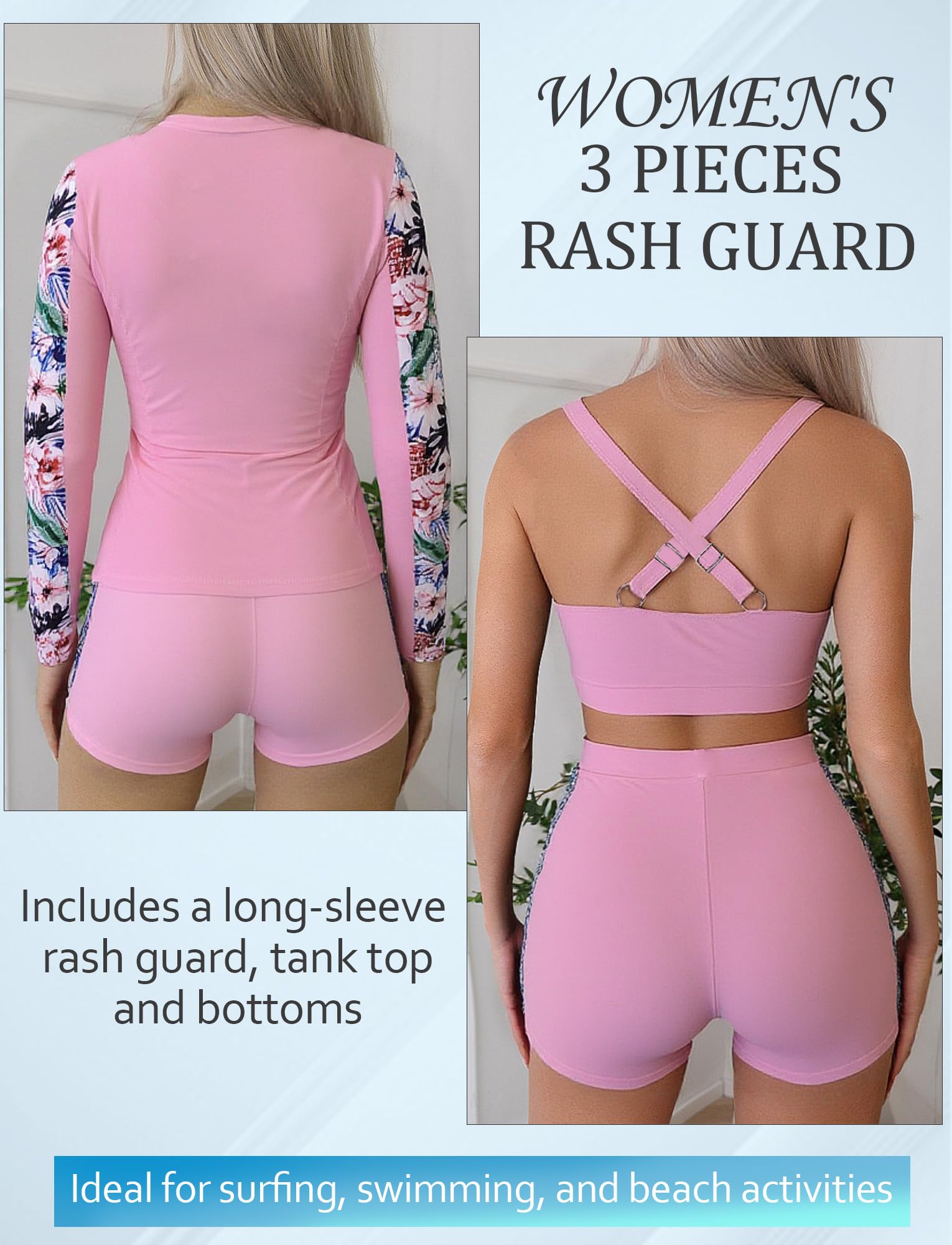 SEAUR 3-teiliger Rash Guard Damen Langarm Badeanzug Schwimmanzug Sonnenschutz Bademode Rashguard Shirts Bikinioberteil Badeshorts - S-XXL
