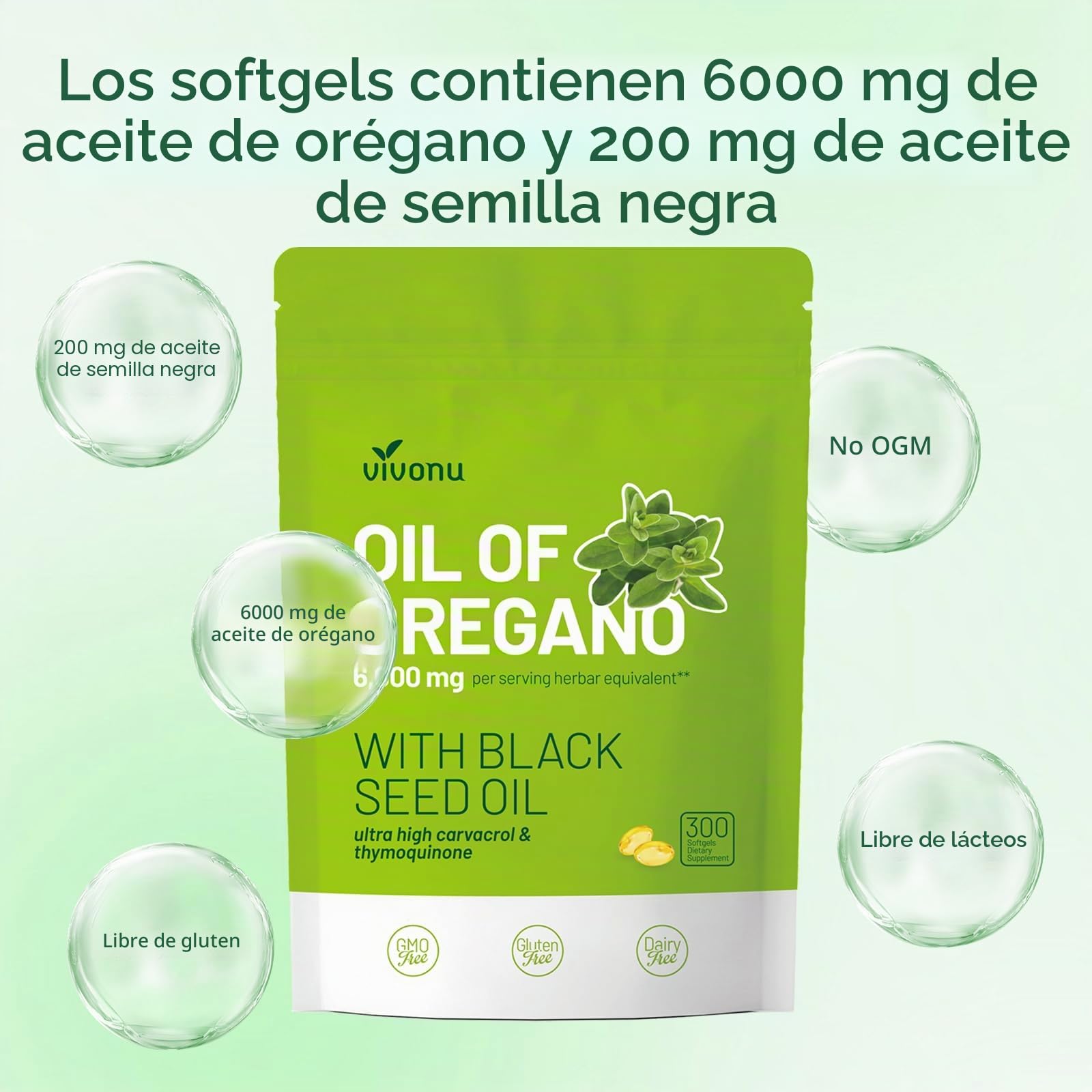 VivoNu de aceite de orégano, aceite de orégano equilibrado con aceite de semillas negras, aceite de orégano orgánico, sin OGM