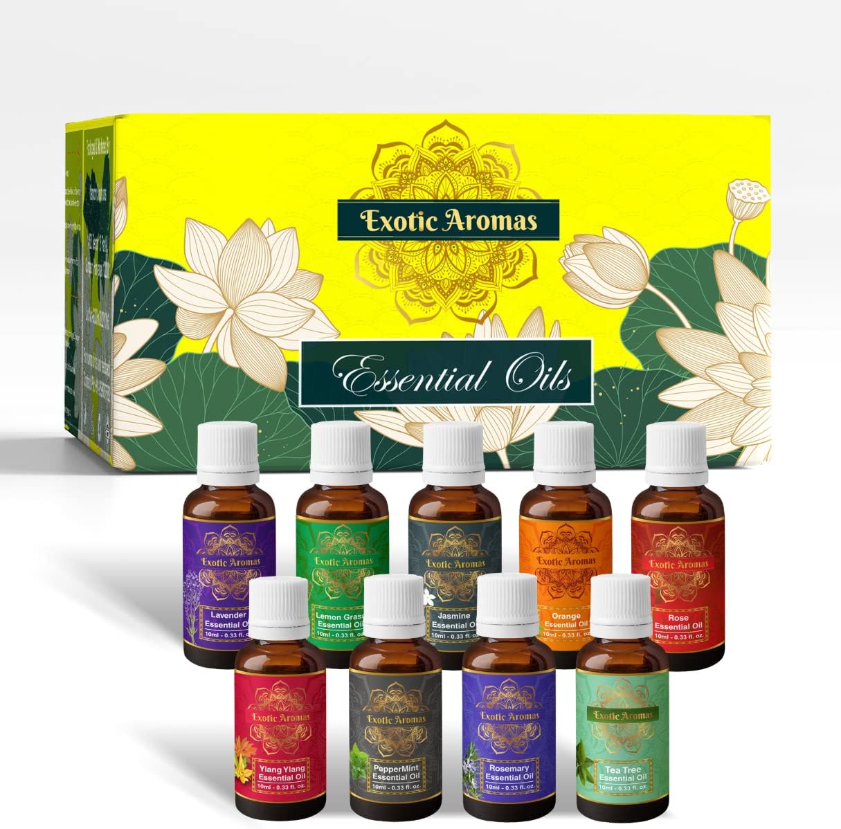 - Exotic Aromas Essential Oil Lavender, Rose, Tea Tree, Jasmine, Ylang Ylang, Orange, Lemongrass, Peppermint, Rosemary, Pure & Natural (Pack of 9)