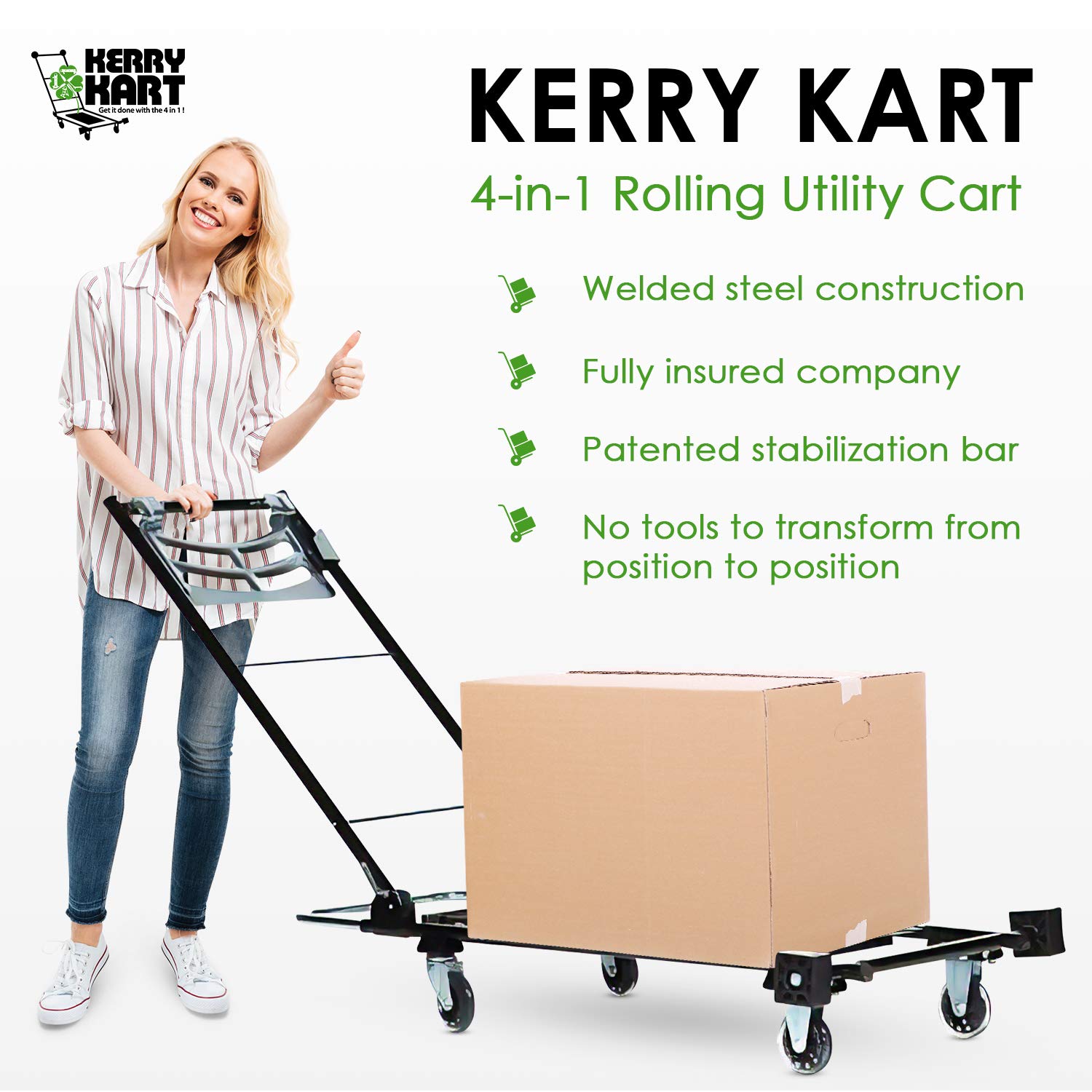Kerry Kart 4in1 Rolling Utility Cart, Trolley and Moving Dolly with