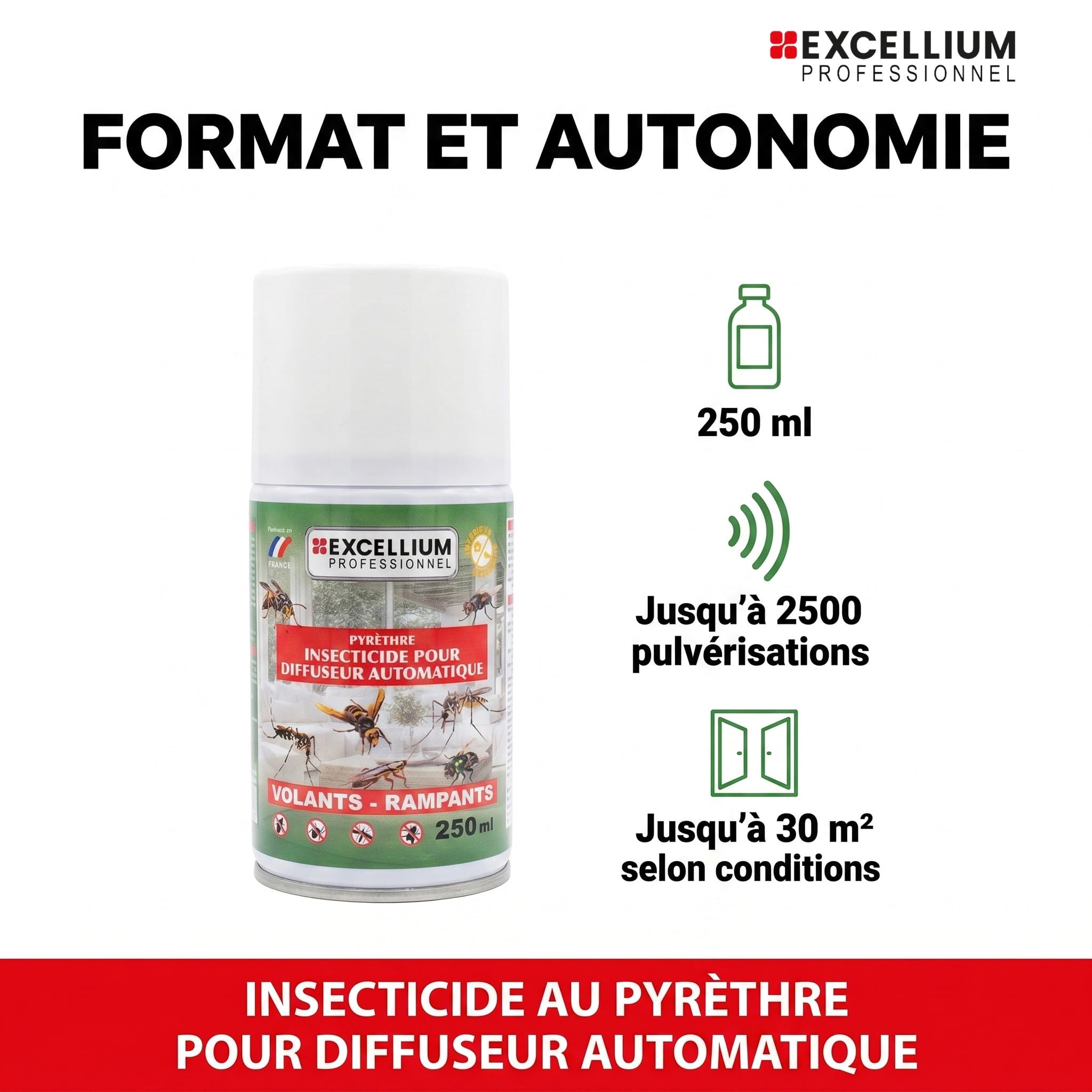 EXCELLIUM PROFESSIONNEL Kit Diffuseur Automatique Insecticide 250 ml | Programmable, télécommande incluse, pyrèthre, volants et rampants, jusqu'à 2500 pulvérisations, environ 3 mois, 30 m²