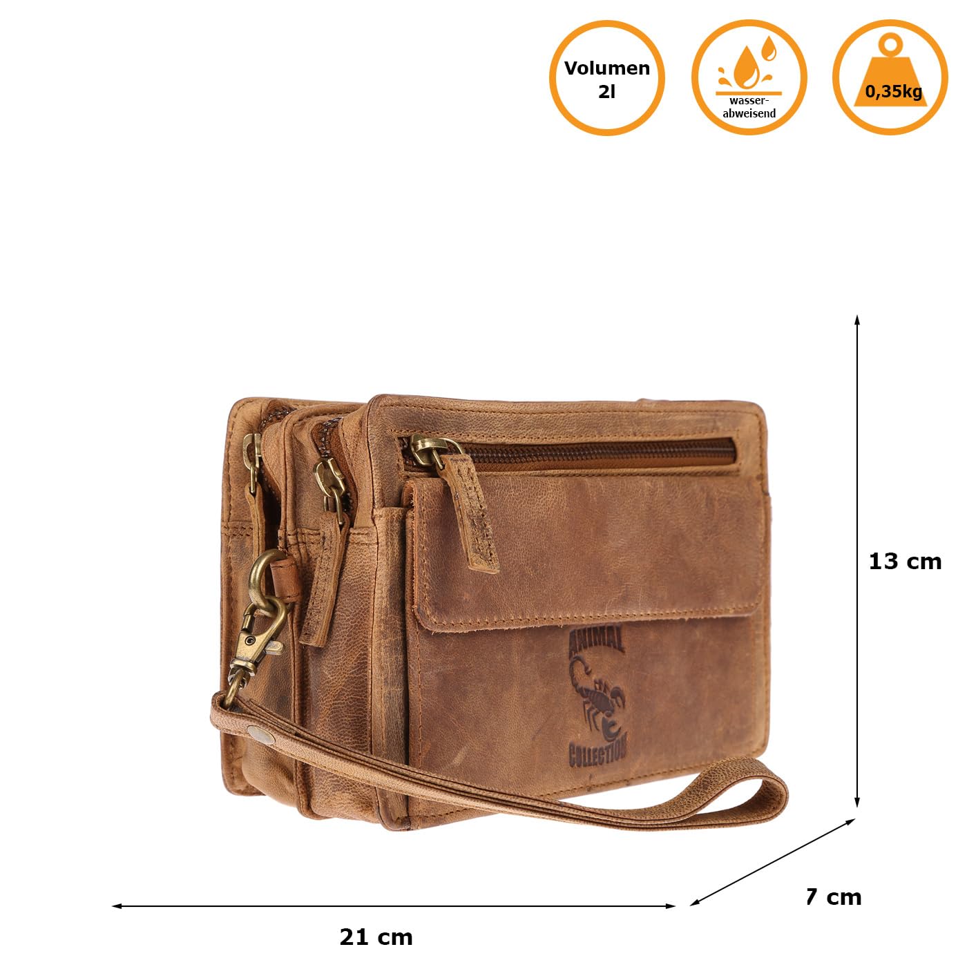 Christian Wippermann Herren echt Leder Handgelenktasche Herrenhandtasche Dokumententasche Tasche Doppelkammer (Tan)