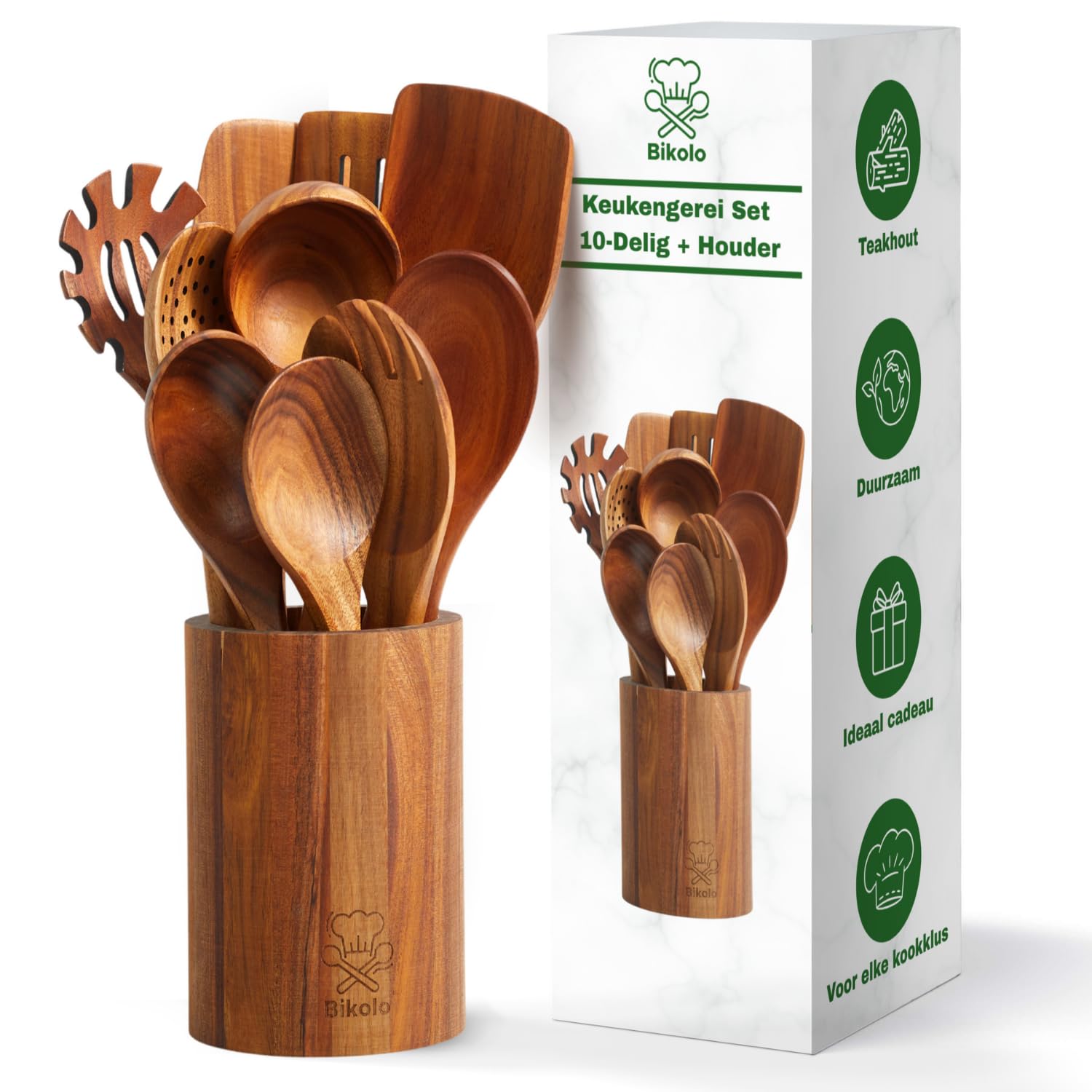 Holz Küchenutensilien Set 10-teilig + Küchenutensilienhalter - Holzspachtel - Holzlöffel - Küchenset - Spachtelset - Holzschöpfkelle - Kochgeschirr Set - Spachteltopf - Kratzfrei