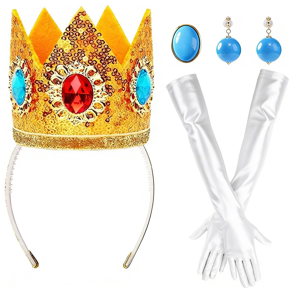 EduPlayte 4 Pcs Peach Costume Accessories, Costumes with Crown/Gloves/Brooch, World Book Day Fancy Dress, Cosplay Birthday Dress Up for Women Girls (Multicolor)