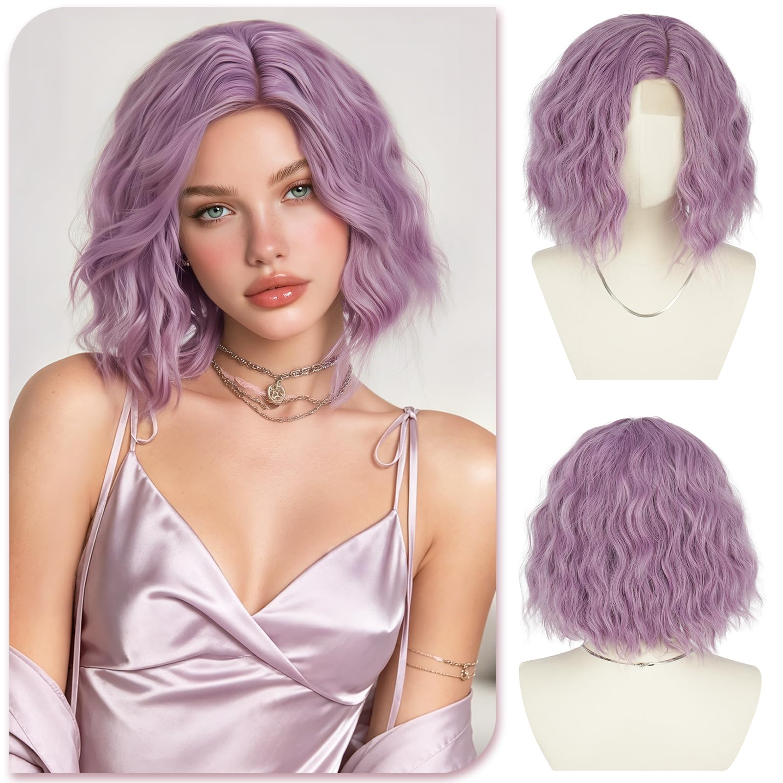SOFEIYAN Short Wavy Lavender Purple Wig for Women, 12 Inch Side Part Bob Wig with Lace Front Hairline, Synthetic Wig for Women Daily Wear or Cosplay Party Use