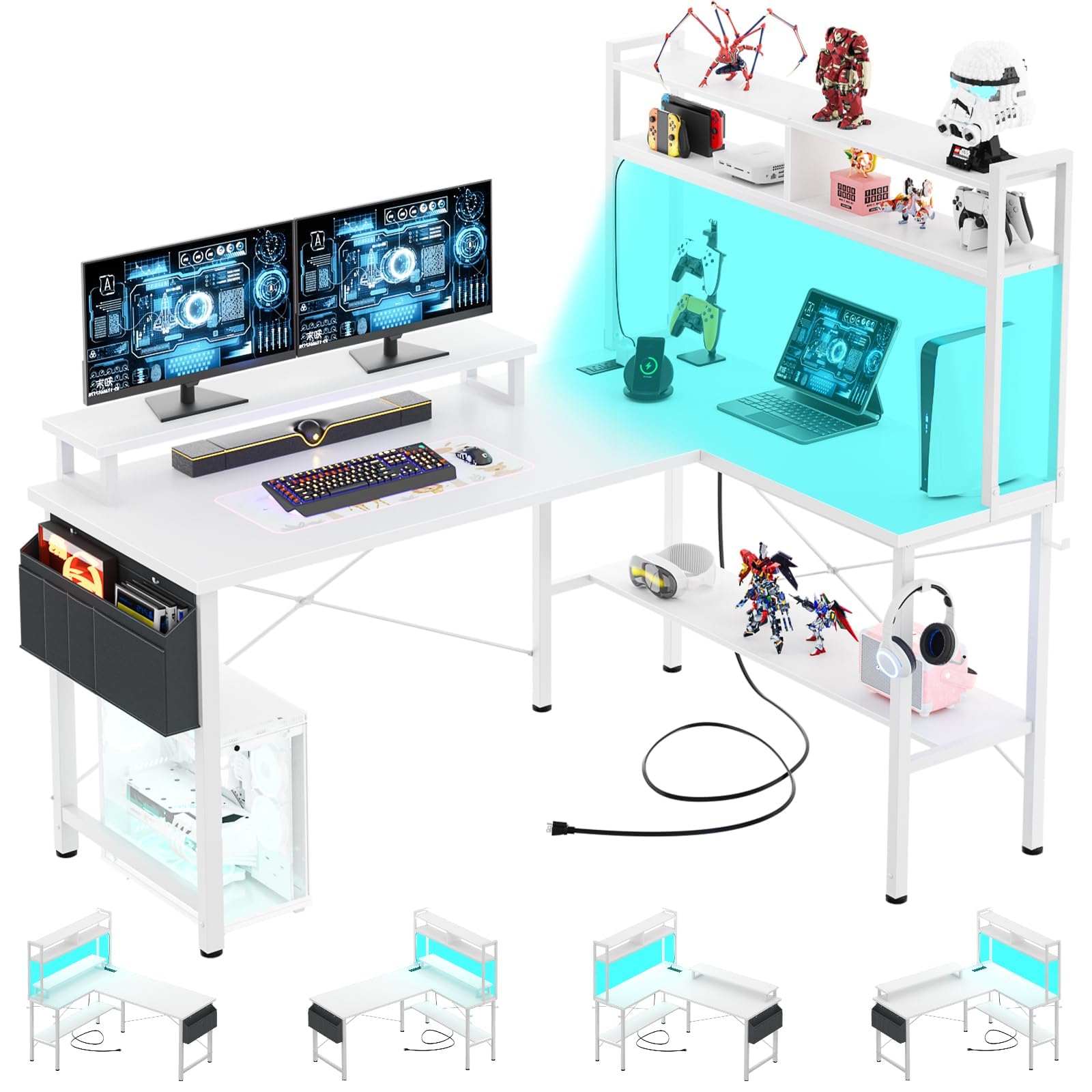 iSunirm L Shaped Gaming Desk with Power Outlets & LED Lights, Small L- Shaped Computer Corner Desk with Monitor Stand & Storage Shelf, Gaming Table with Storage Bag, White