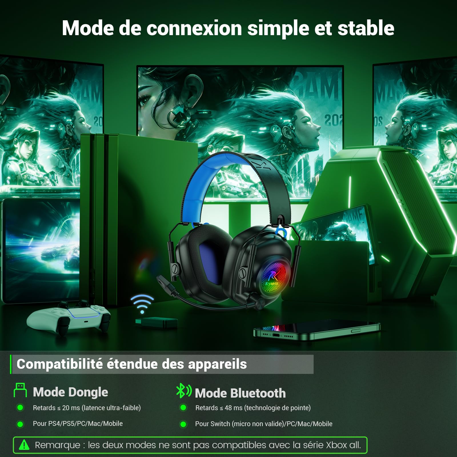 Krysenix KGH2 Casque Gaming sans Fil, 2,4 GHz Casque Gaming pour PS4, PS5, PC, Mac, Switch, Casque Bluetooth avec Microphone, Réduction du Bruit, éclairage LED, Noir Bleu