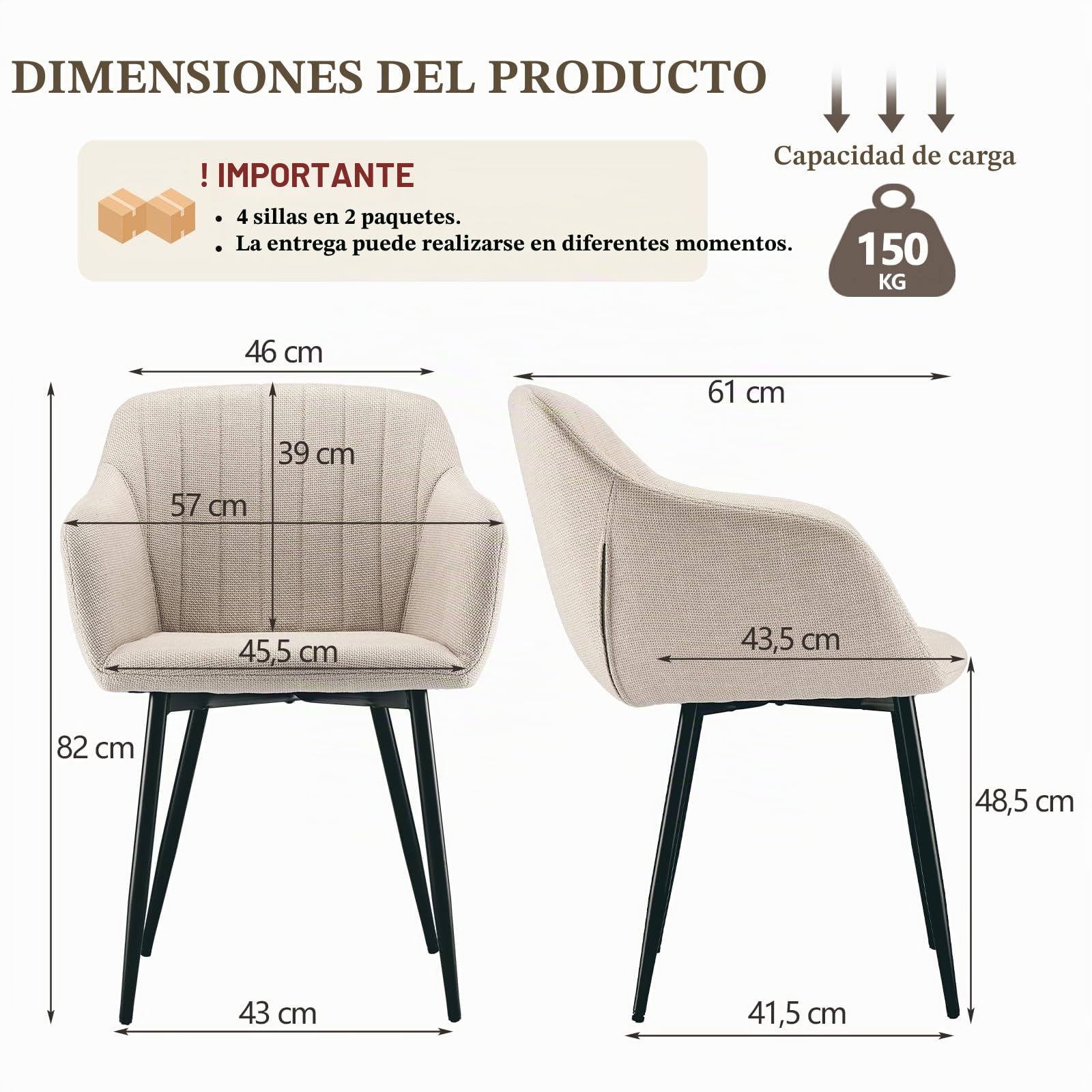 Pack de 4 Sillas de Comedor con Reposabrazos, Sillas Tapizadas de Lino con Patas Metálicas, Modernas Sillón para Salón y Cocina, Beige