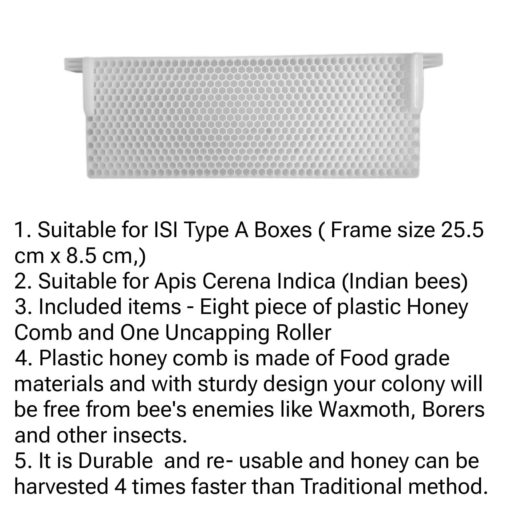RAHBAN Plastic HoneyComb for Beekeeping – for ISI Type A box (25.5 cm x 8.5 cm) (Pack of 8 +1 Uncapping Roller) Helps Beekeepers to harvest Honey Quickly and Easily-Durable, Efficient and Eco-Friendly - Image 4 thumbnail
