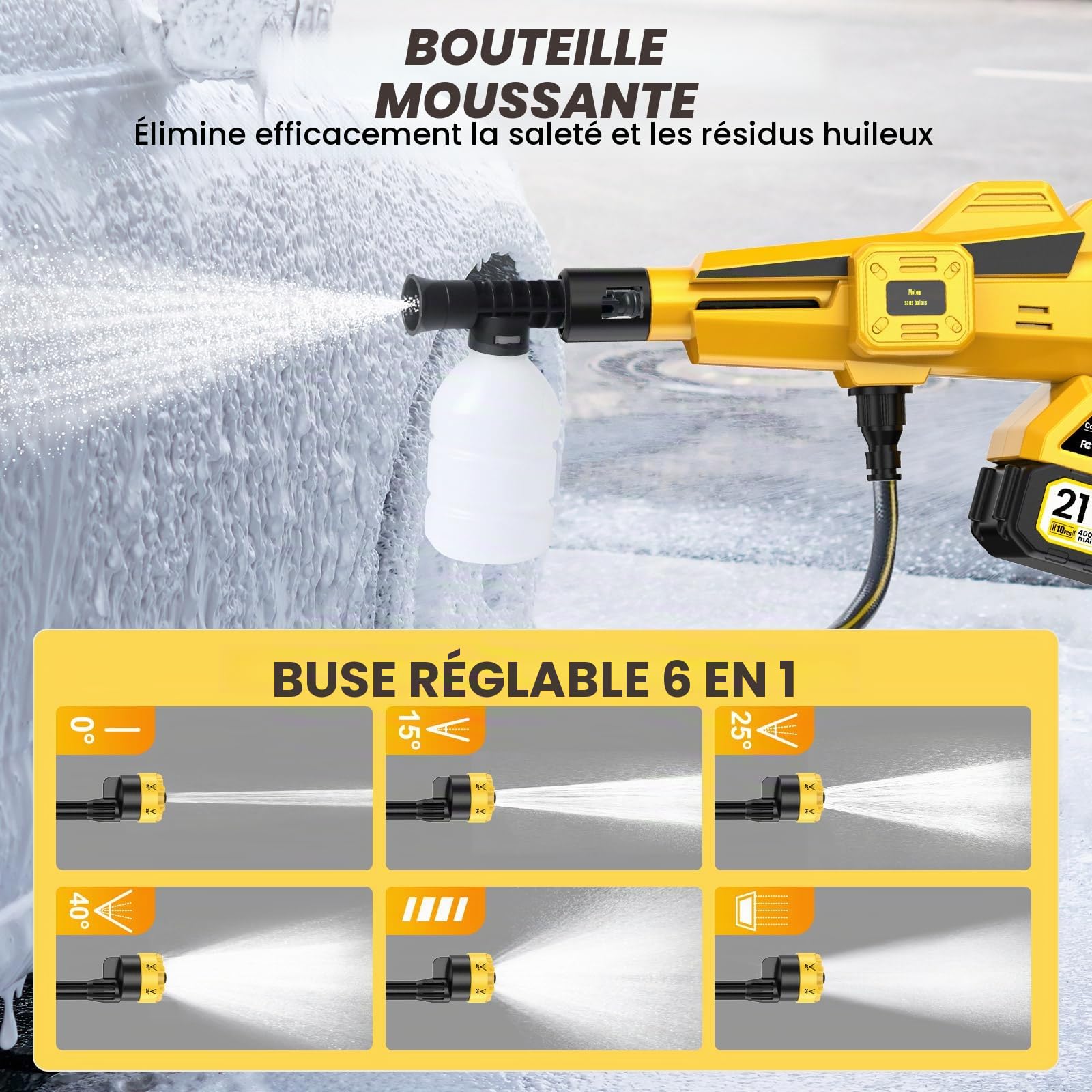 Nettoyeur Haute Pression sans Fil avec Buse 6-en-1 et 2 x 4000mAh Batteries | Pression D'eau Réglable, Raccordable au Robinet, Moteur Sans Balais, Écran, Tuyau de 5 m, pour Voiture, Terrasse, Jardin, Sol