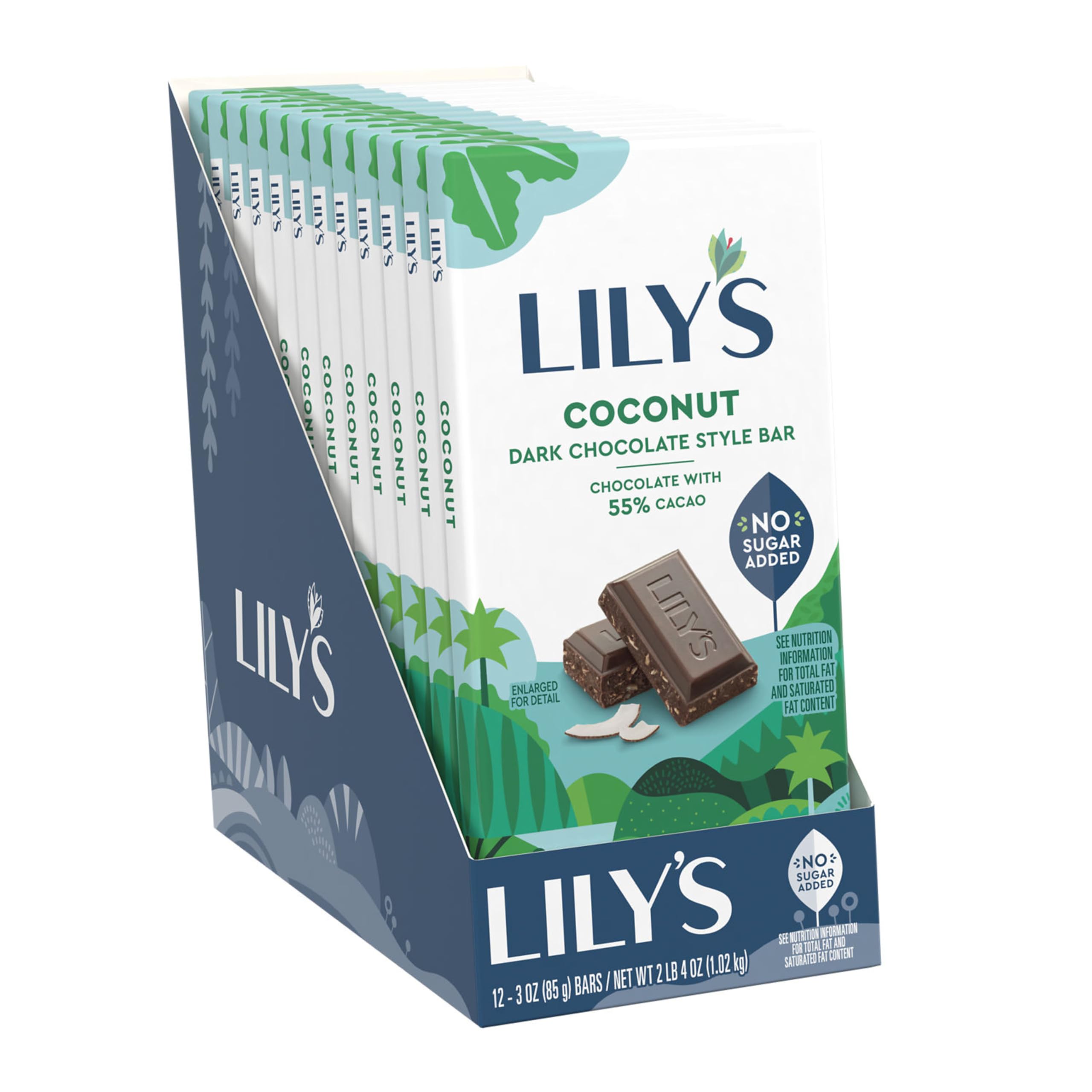 LILY'S Coconut Dark Chocolate Style No Sugar Added, Sweets Bars, 3 oz (12 Count)