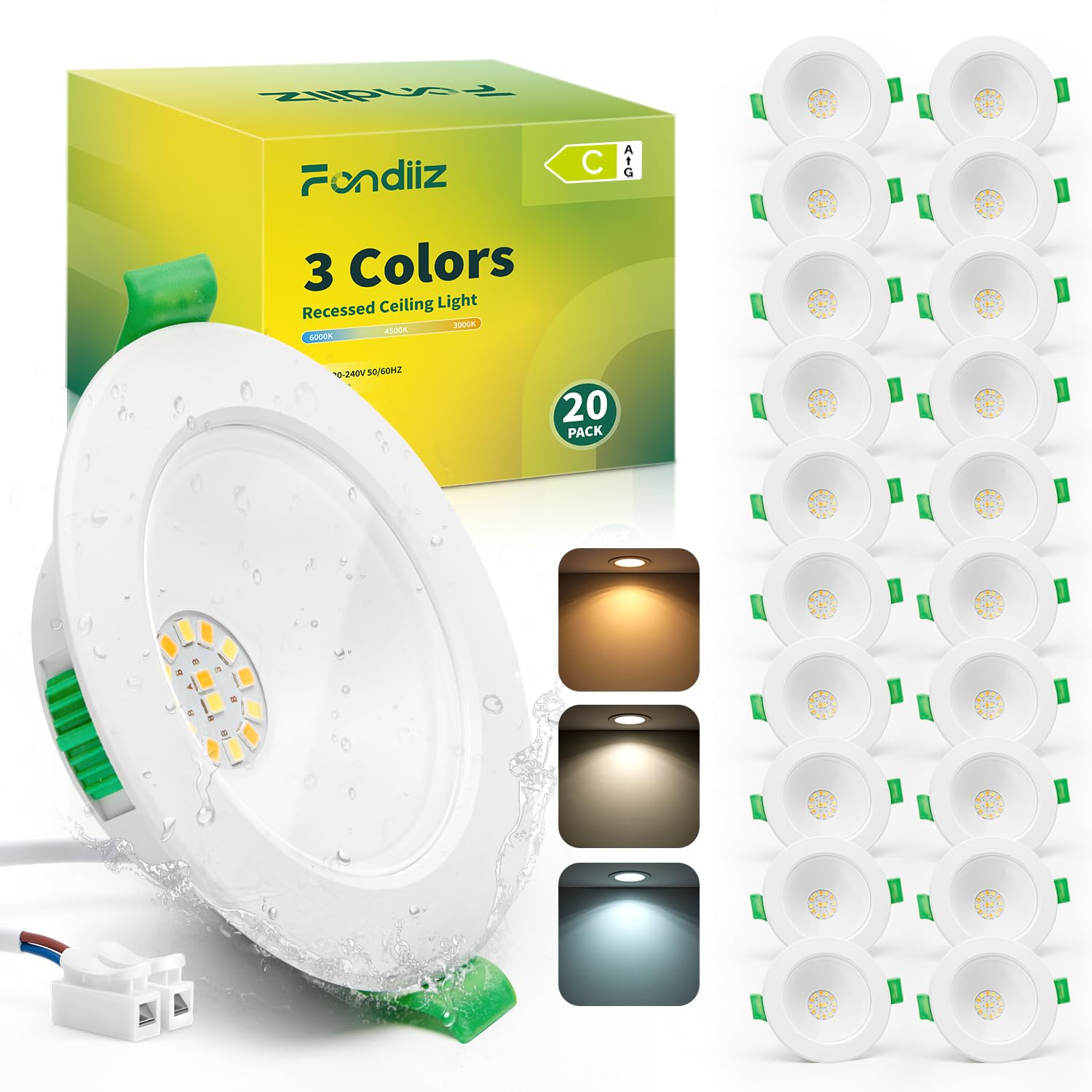 Fondiiz 20er LED Einbaustrahler 230V 4W 570LM 3CCT, 68mm - 80mm Lochmaß | LED Spots Warmweiß 3000K Neutralweiß 4500K Kaltweiß 6000K, Flach Weiß IP44 Spots Deckenleuchte für Badezimmer Küche