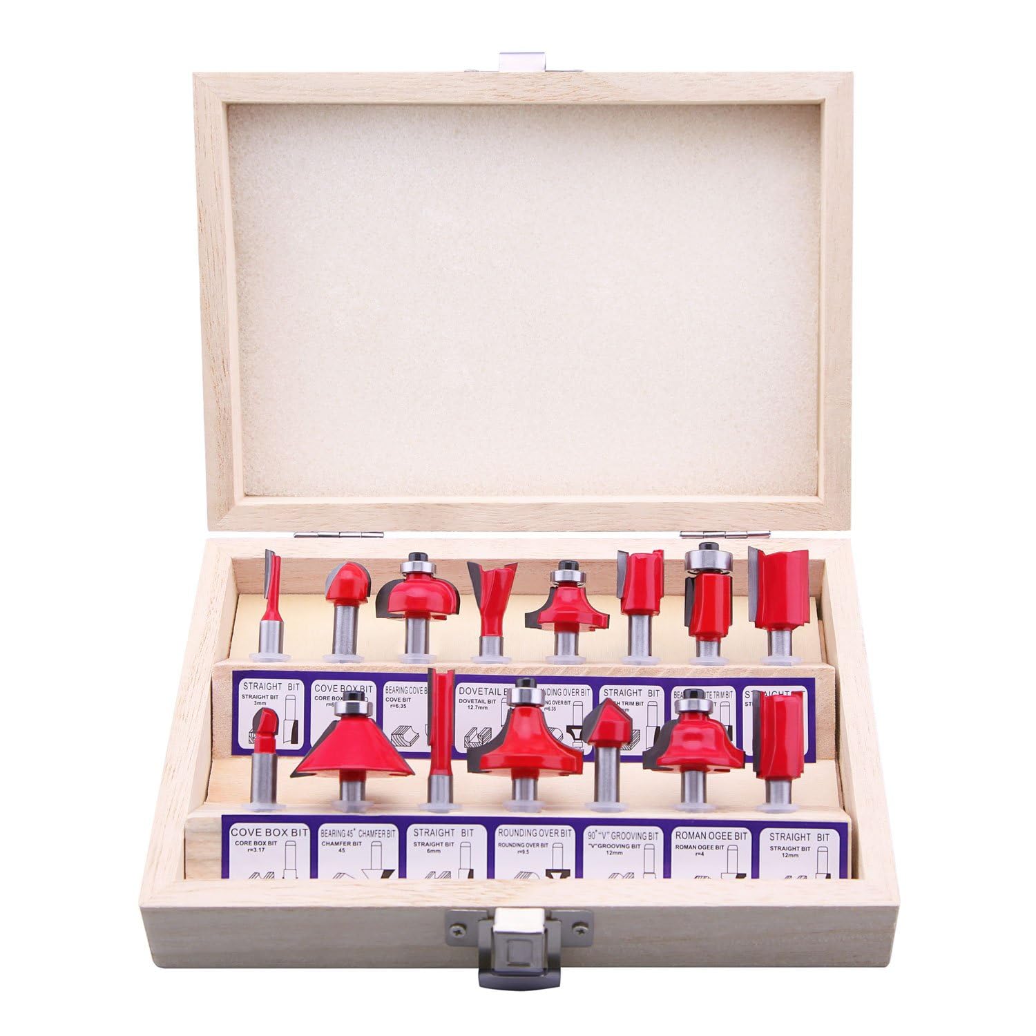 The LU&MN 15-piece carbide router bit set displayed in its wooden storage case, ready for workshop tasks.