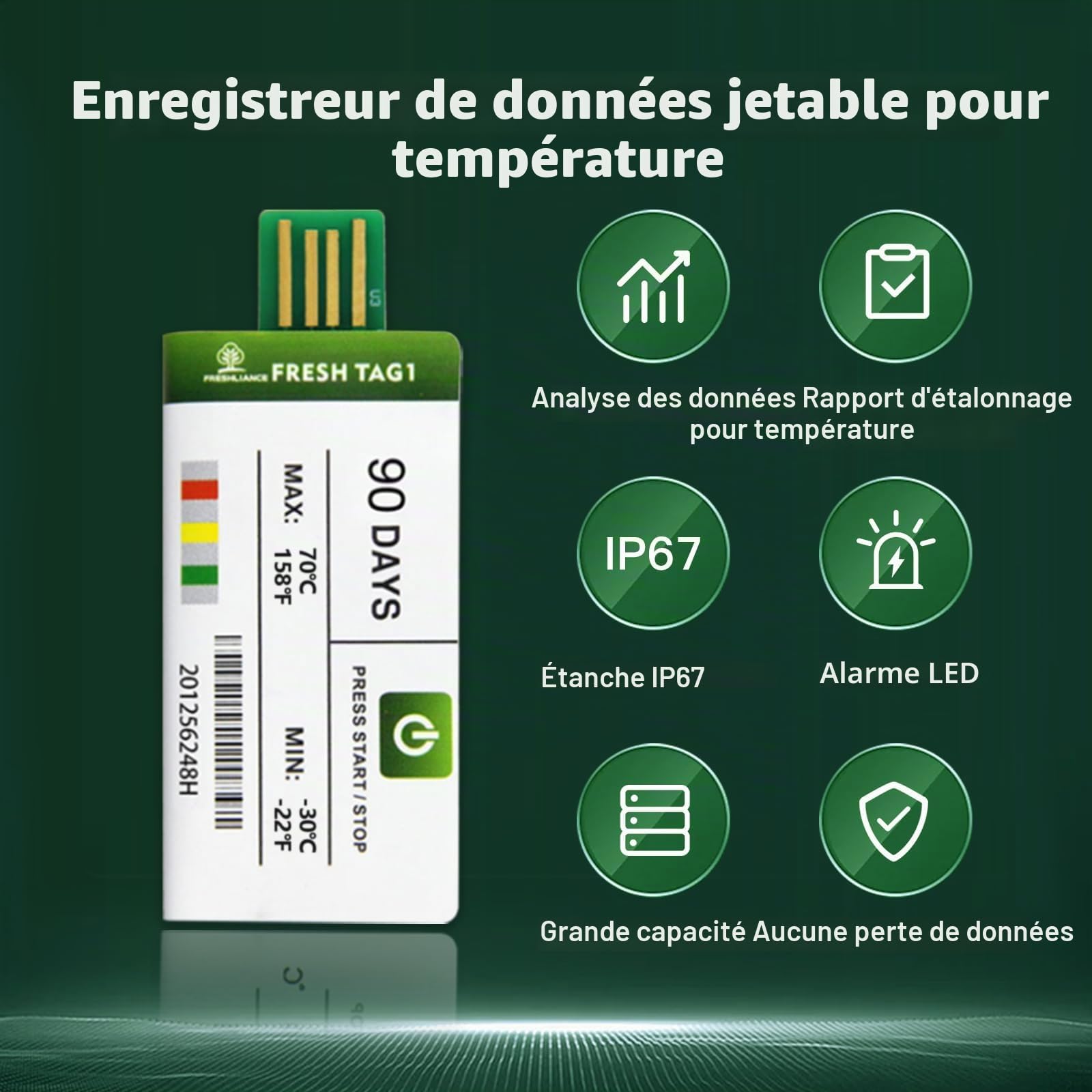 Freshliance Enregistreur de Température USB avec 30000 lectures, Enregistreur de Température à usage unique avec le rapport PDF/CSV, Couverture de haute précision 90 jours 10 paquet, Fresh Tag 1