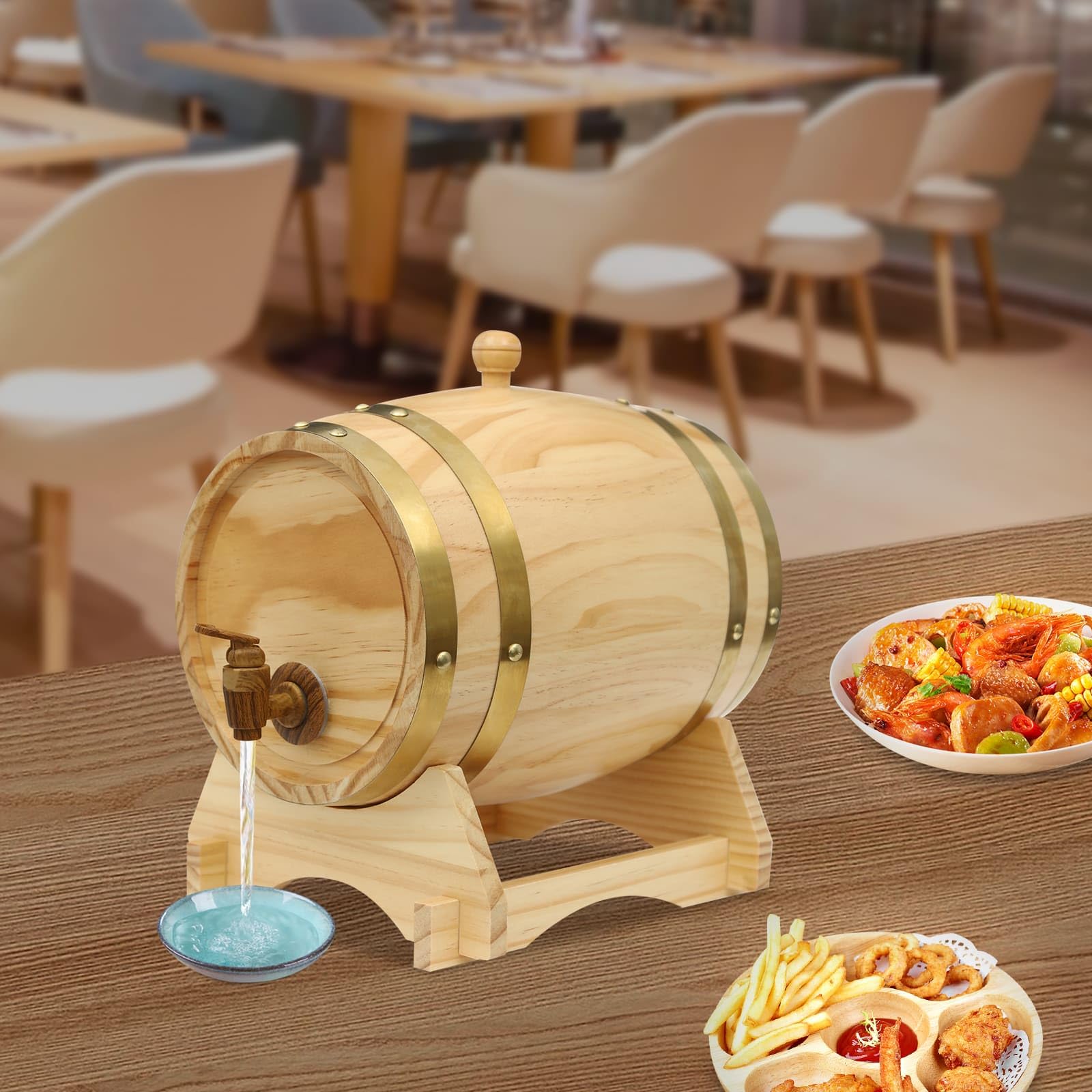 Tonneau en Bois de Pin 5L, Avec Support et Robinet, Pour Vin, Bière, Whisky, Rhum