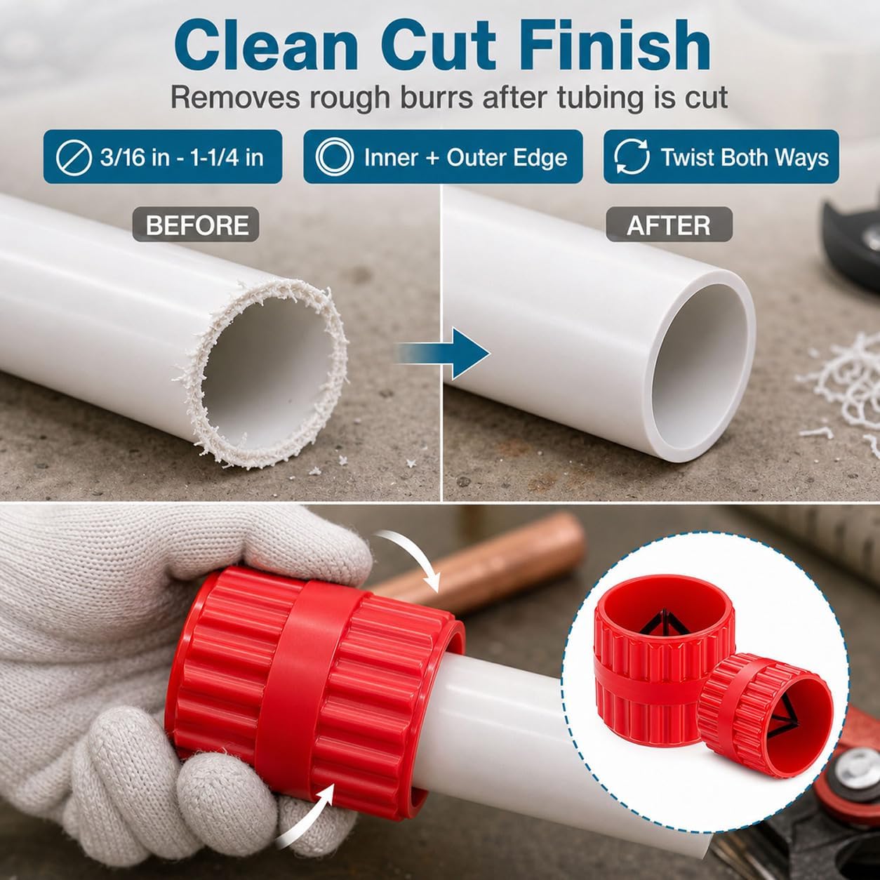 QWORK Inner-Outer Pipe Reamer Deburring Tool Set, 2 Pack Red Tube Chamfer Tool for PVC/PPR/Copper/Brass/Aluminum Tubes, Fits 3/16 in to 1-1/2 in