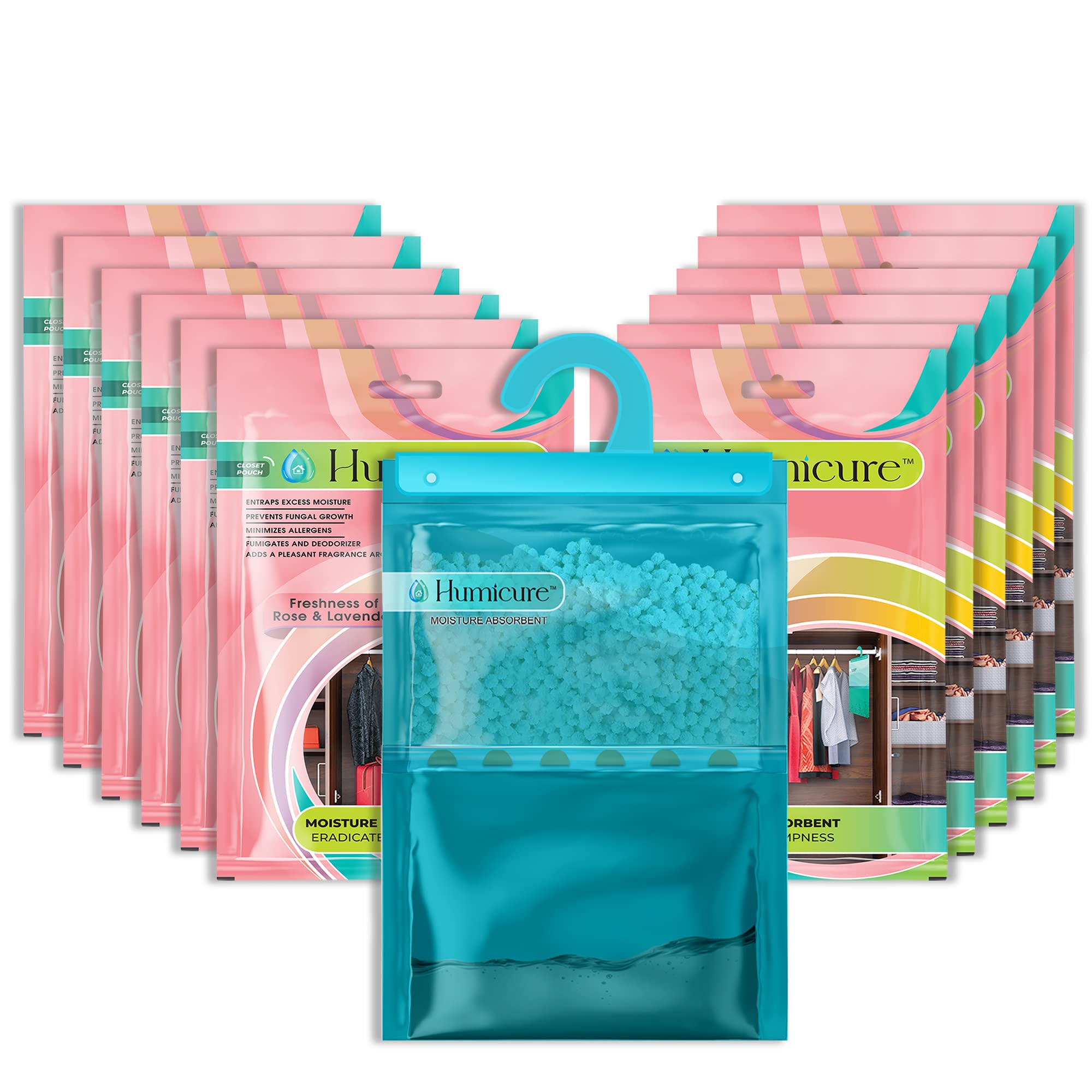Humicure Moisture Absorber Dehumidifier Hanging Bags with 1 Litre Absorption Capacity for Wardrobe, Bathroom, Kitchen and Bedroom; Prevents Mould & Fungus (Pack of 12, 400gram each, Rose & Lavender)