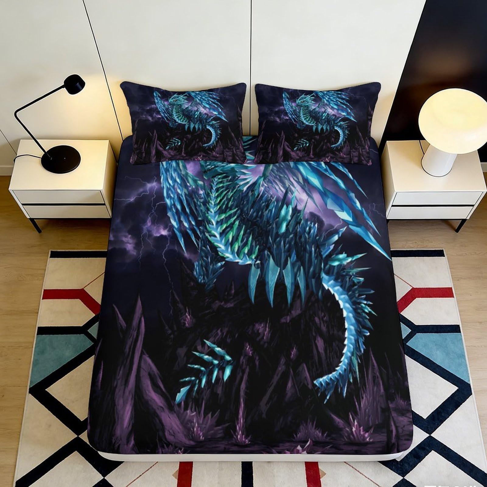 3D Printed Blue Dragon Lightning Fitted Sheet Microfiber Mattress Cover Non Slip for Bedroom Dorm Decor 160x200x25cm