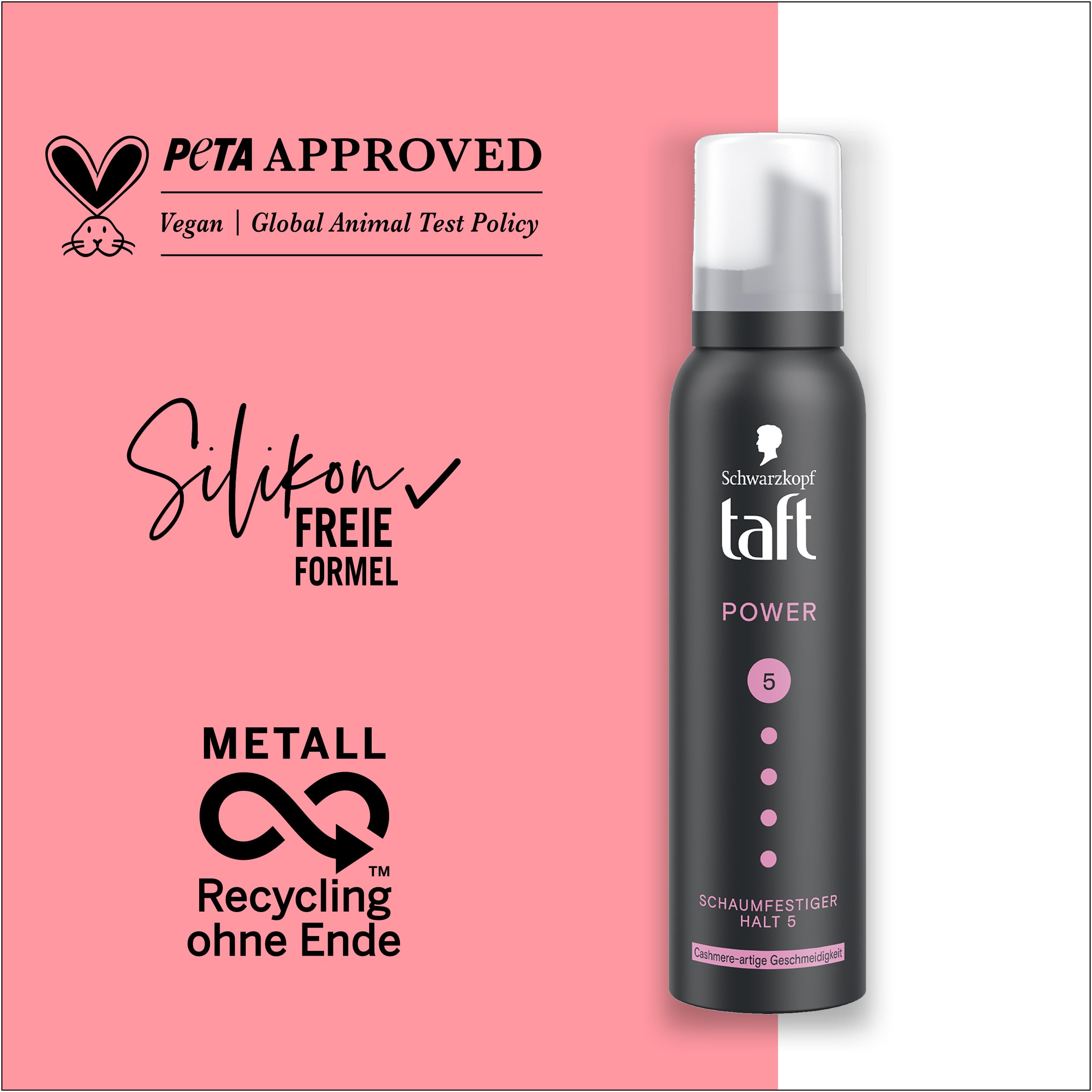 Schwarzkopf TAFT Power Cashmere - Espuma fijadora (6 x 150 ml), grado de sujeción 5, espuma para cabello seco y dañado, mousse para el cabello con suavidad cachemira, fórmula vegana