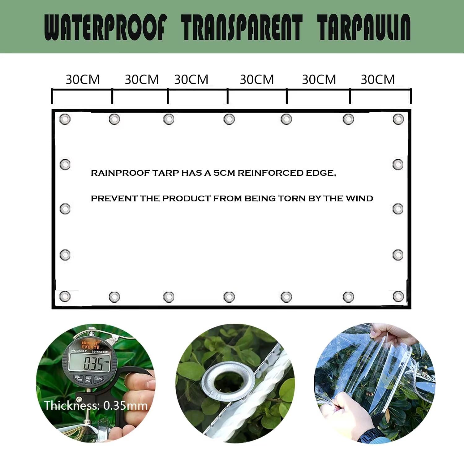 2m x 2m Plane Transparent mit ösen wasserdichte Durchsichtig Abdeckplane PVC 400 g/m² Für Pavillon, Balkon, Balkonmöbel,Gartenmöbel. mit Seil