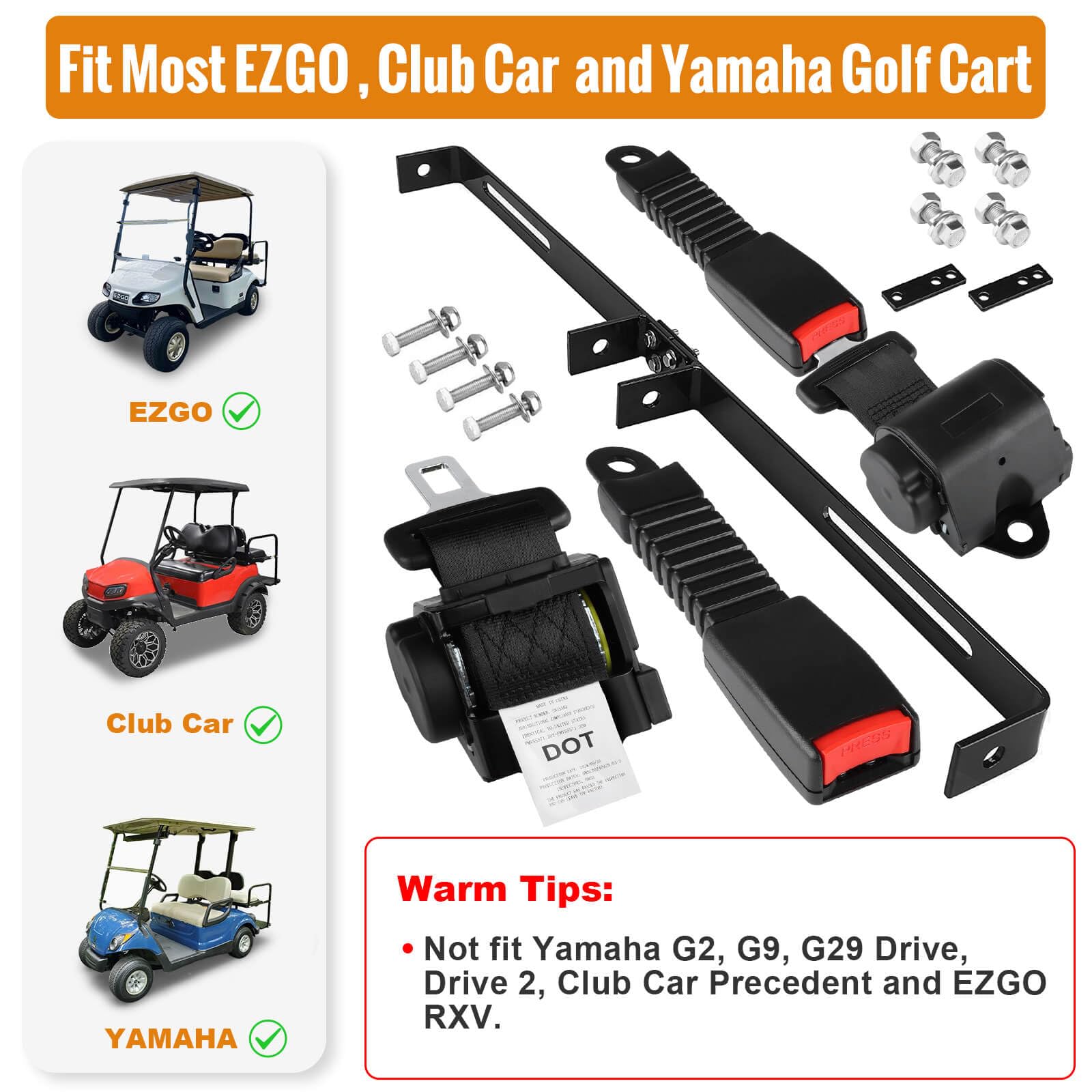 61 Inch DOT Golf Car Seat Belt Kit for EZGO TXT Club Car DS Yamaha, Not Fit EZGO RXV, Club Car Precedent/Onward/Tempo and Yamaha G2, G9, G29 Drive, Drive 2