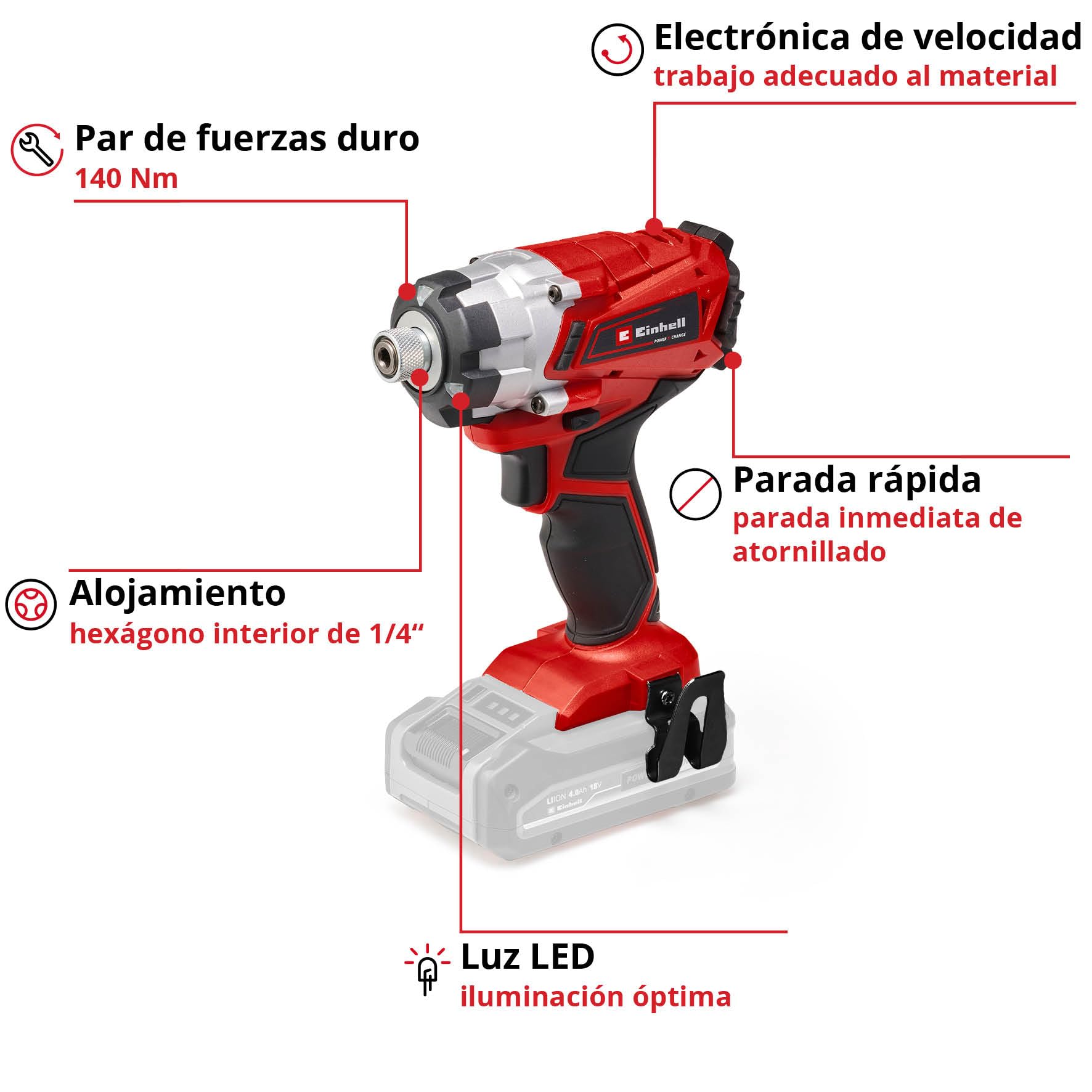 Einhell Atornillador de impacto a batería, 18 V, electrónica de control de velocidad, 3 LED de alimentación