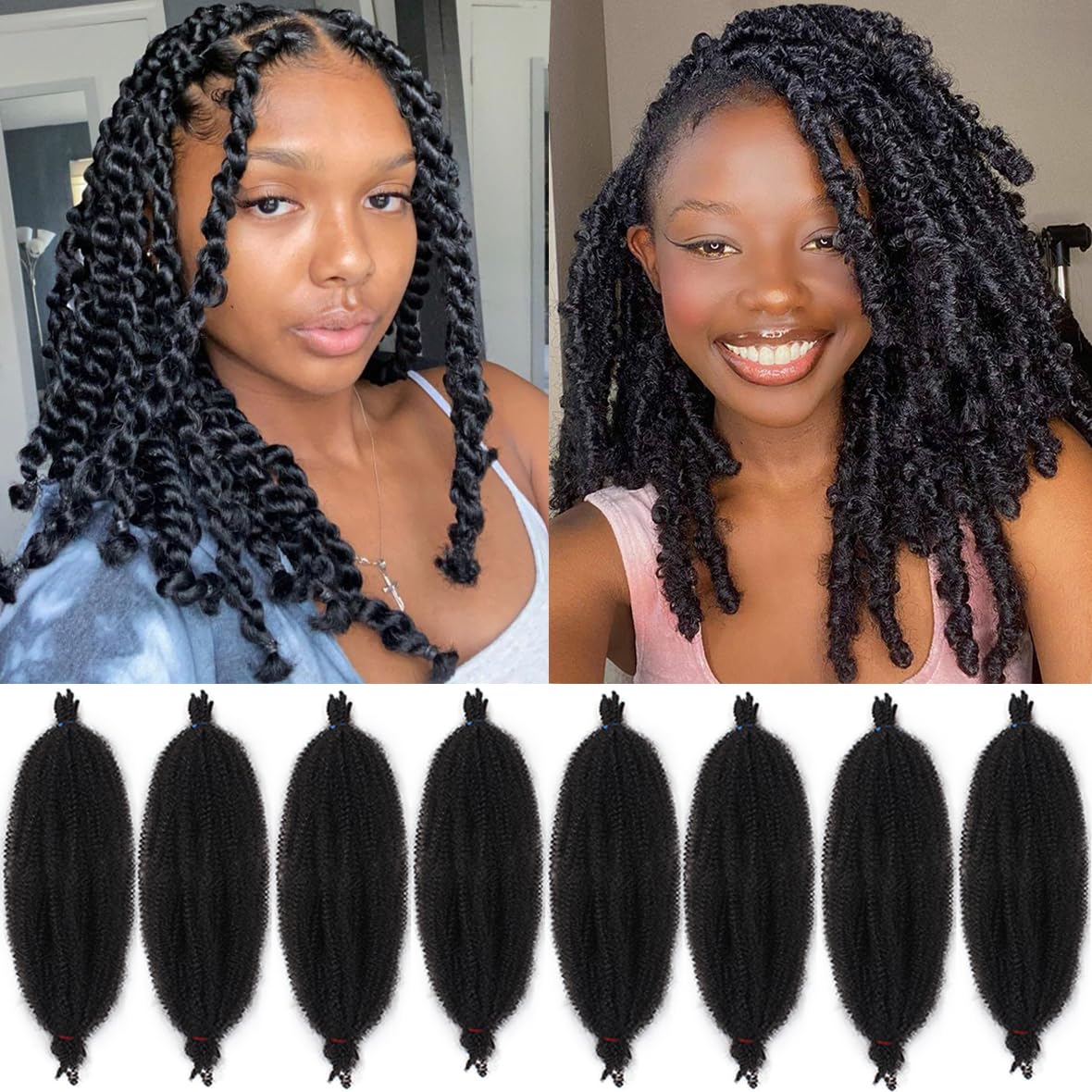 Leeven 8 Inch Springy Twist Hair for Afro Marley Locs 8 Packs Afro Kinky Curly Marley Braiding Hair Extensions Pre Separated Popping Spring Twist Crochet Hair for Distressed Locs /1B#