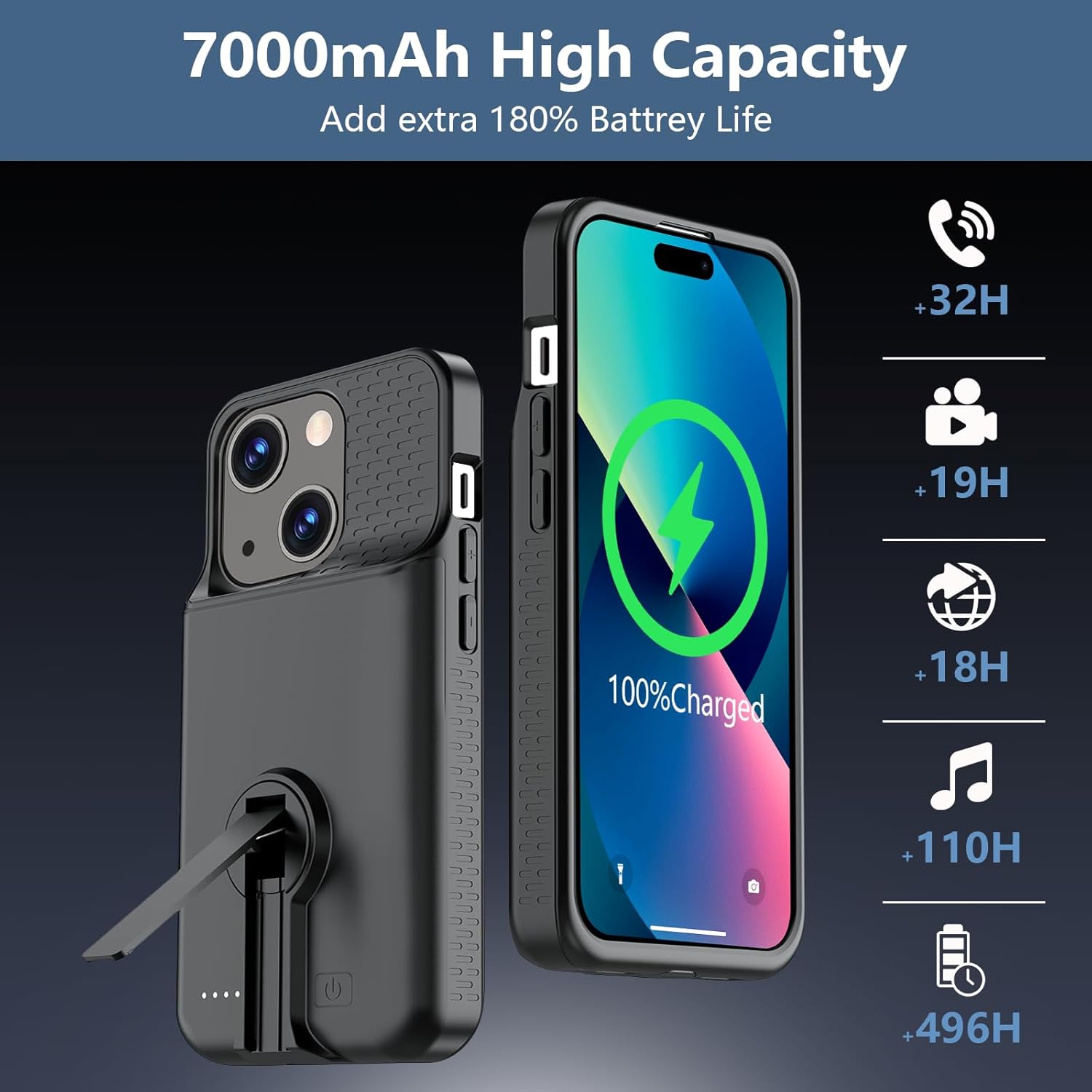 GIN FOXI Battery Case for iPhone 15/15 Pro, Rechargeable Charging Case with Stand 7000mAh Ultra-Slim Anti-Fall Protection Extended Battery Pack Juice Box for iPhone 15/15 Pro 6.1" Black