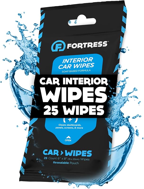 Fortress Car Interior Cleaner Wipes (25 ct.) Travel Size | for Dashboard, Seats, Detailing, and Steering Wheel [Skin-Safe] Car Cleaning Supplies for Interior