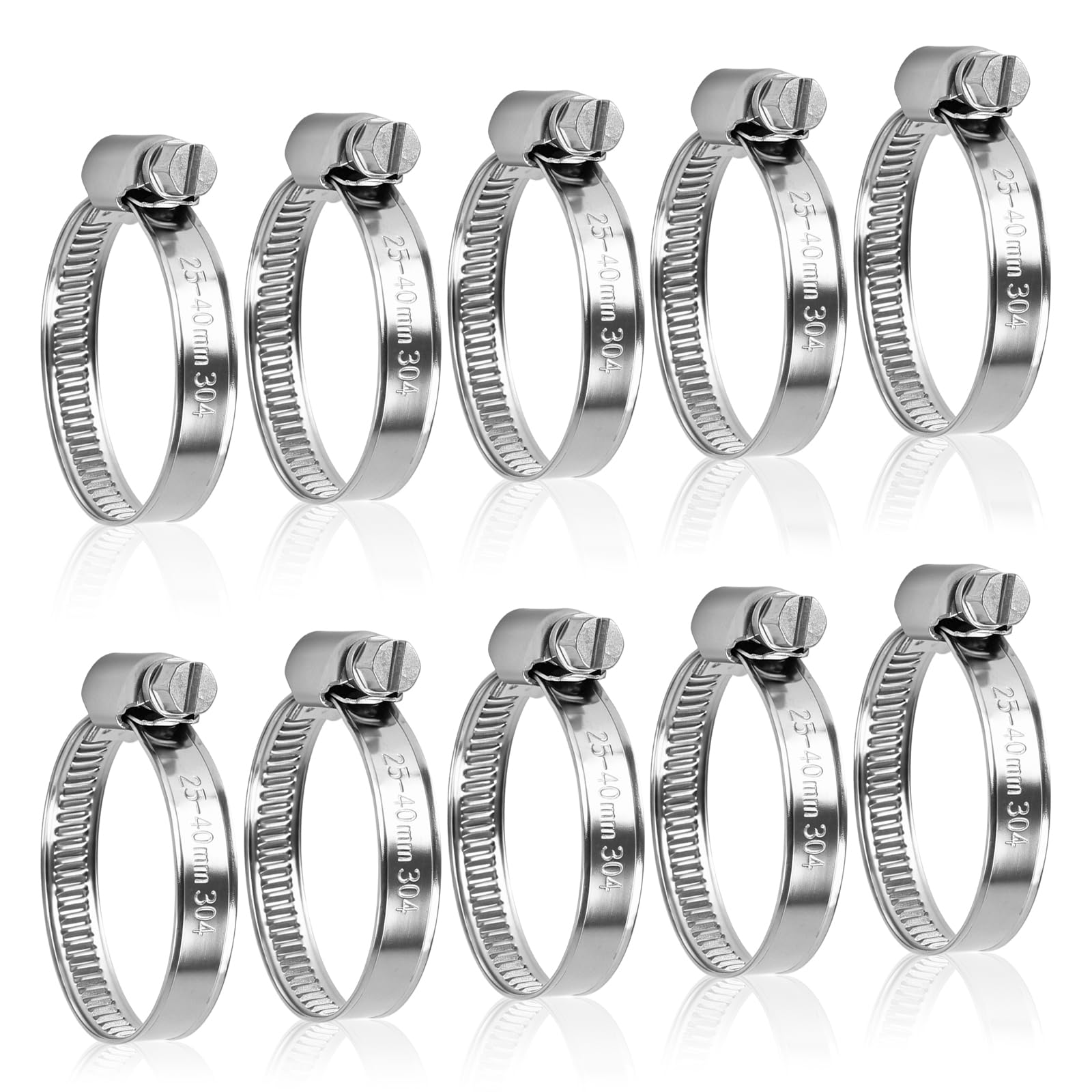 10PCs Jubilee Clips 25-40mm,Hose Clips,304 Stainless Steel Hose Clamps