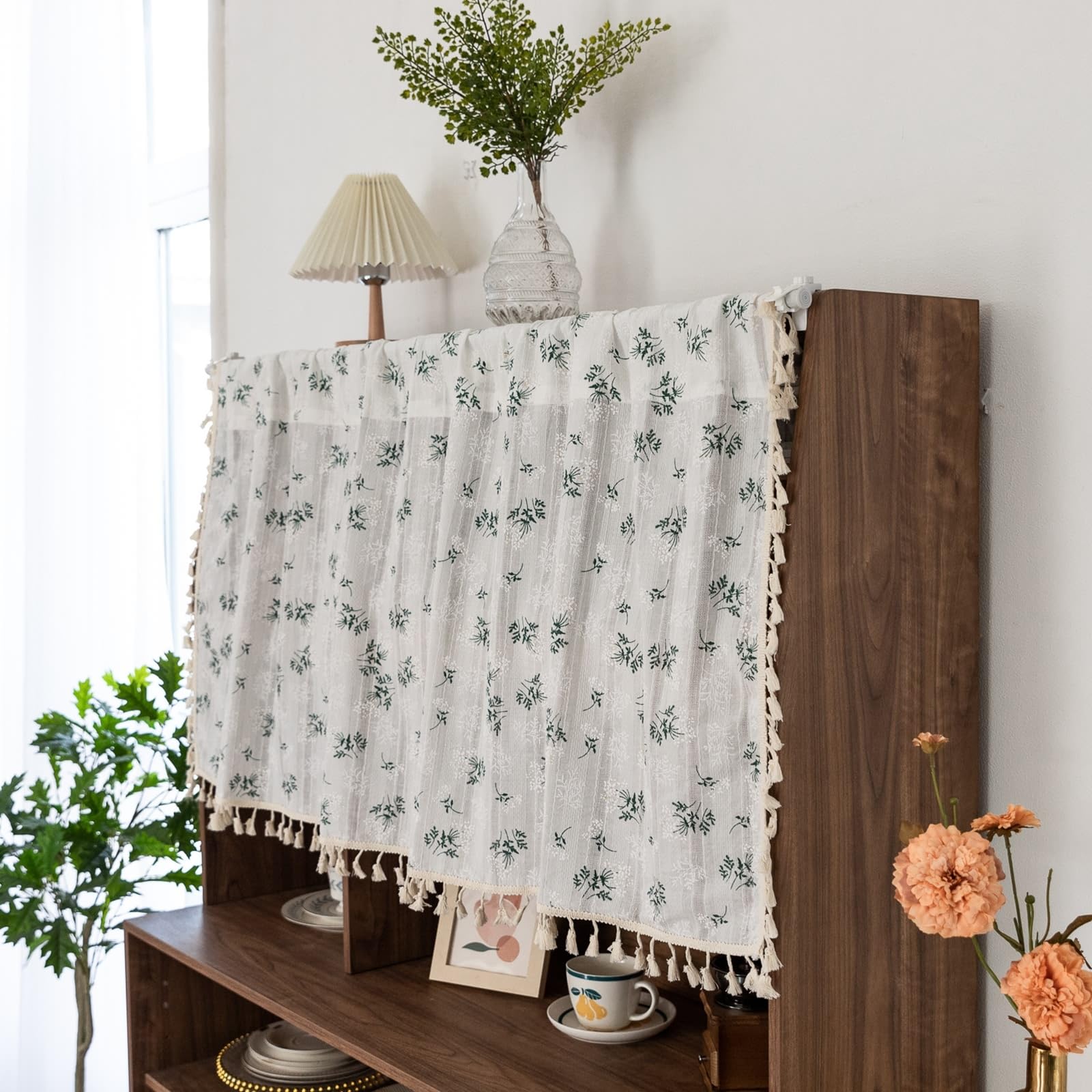 AMDXD Visillo semitransparente, ojales gris claro, verde claro, 140 x 110 cm, diseño de hojas de flores de lila con borla, estilo bohemio, 1 pieza, cortina de algodón para cocina/baño
