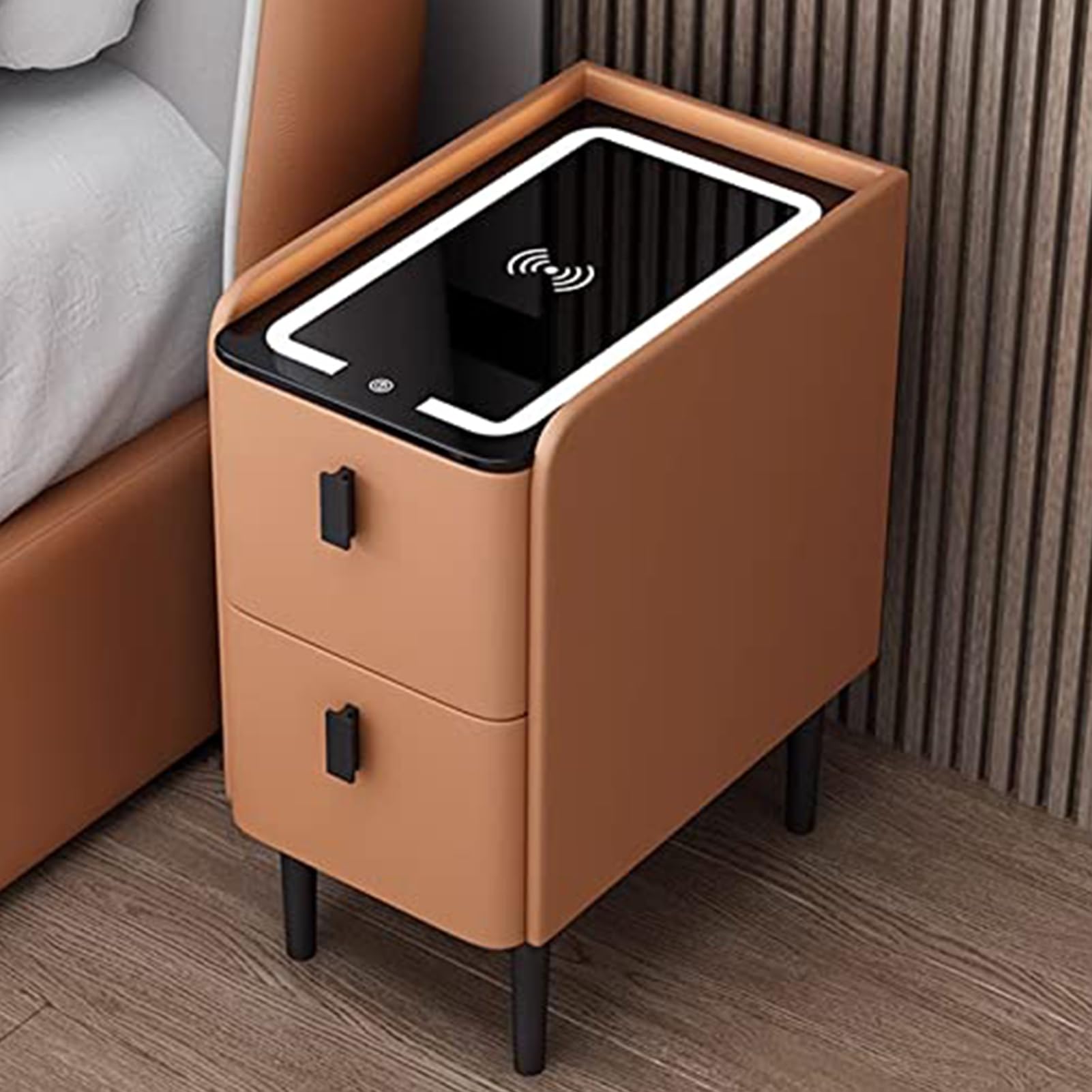 SXZenSpace Wooden Bedside Table with USB Charging Station, Narrow Side 2 Drawers for Bedroom & Living Room, Compact Nightstand Power Outlet (B2.35cm)