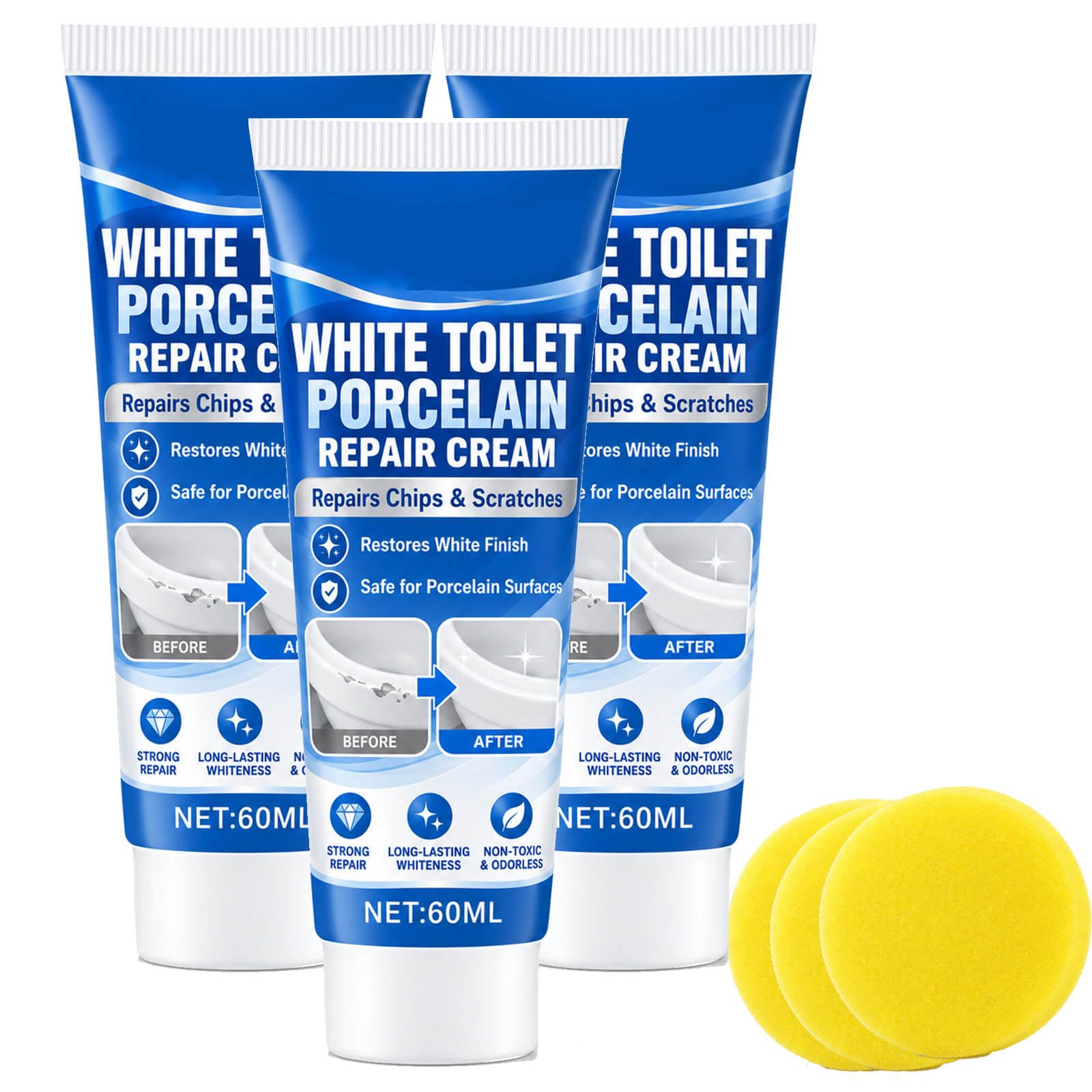White Toilet Porcelain Repair Cream with Applicator Sponge，White,3