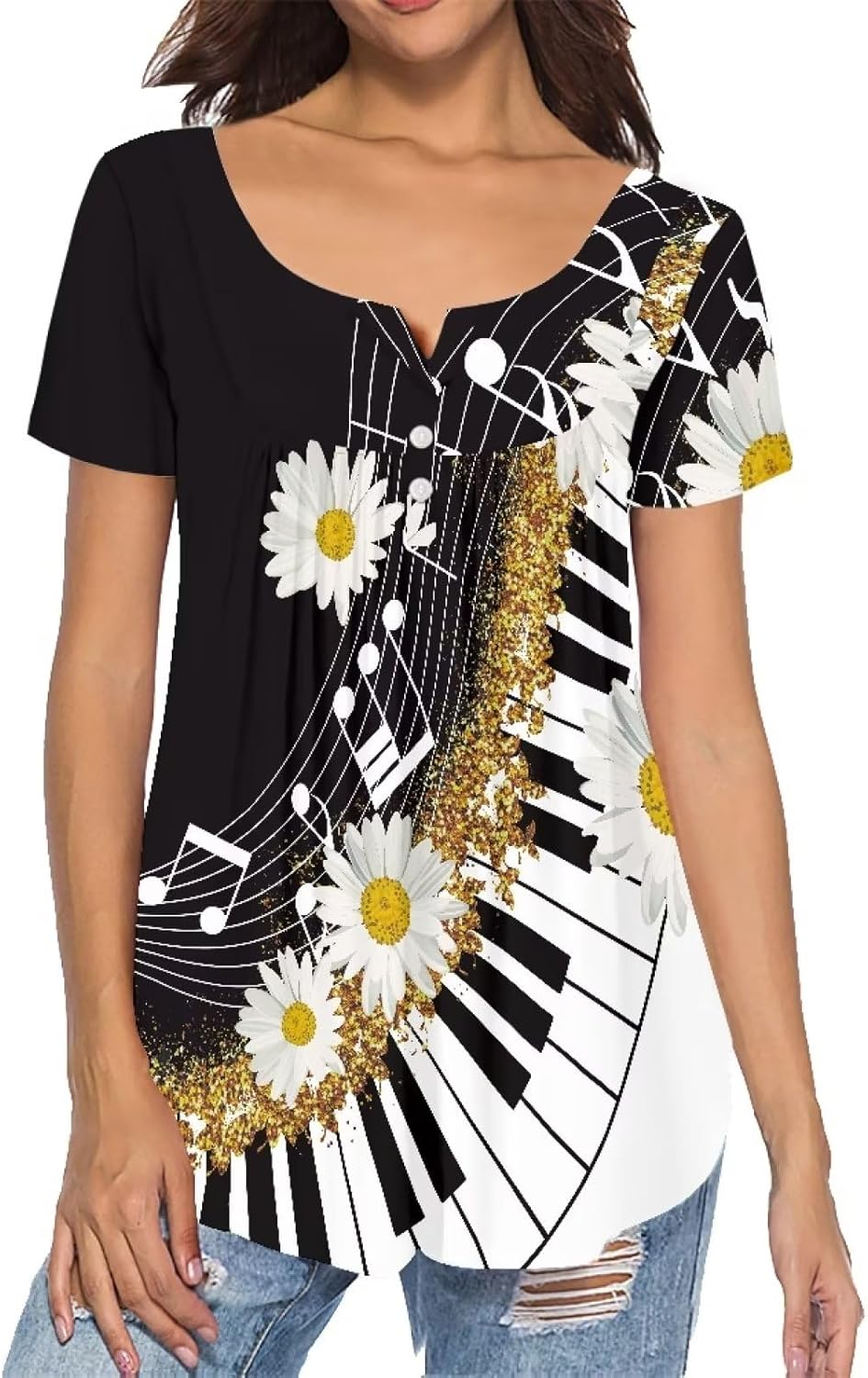 Rose Tunic Tops for Women Blue Rose Short Sleeve Flare T-Shirts Rose Flowers V-Neck Button Up Pleated Top