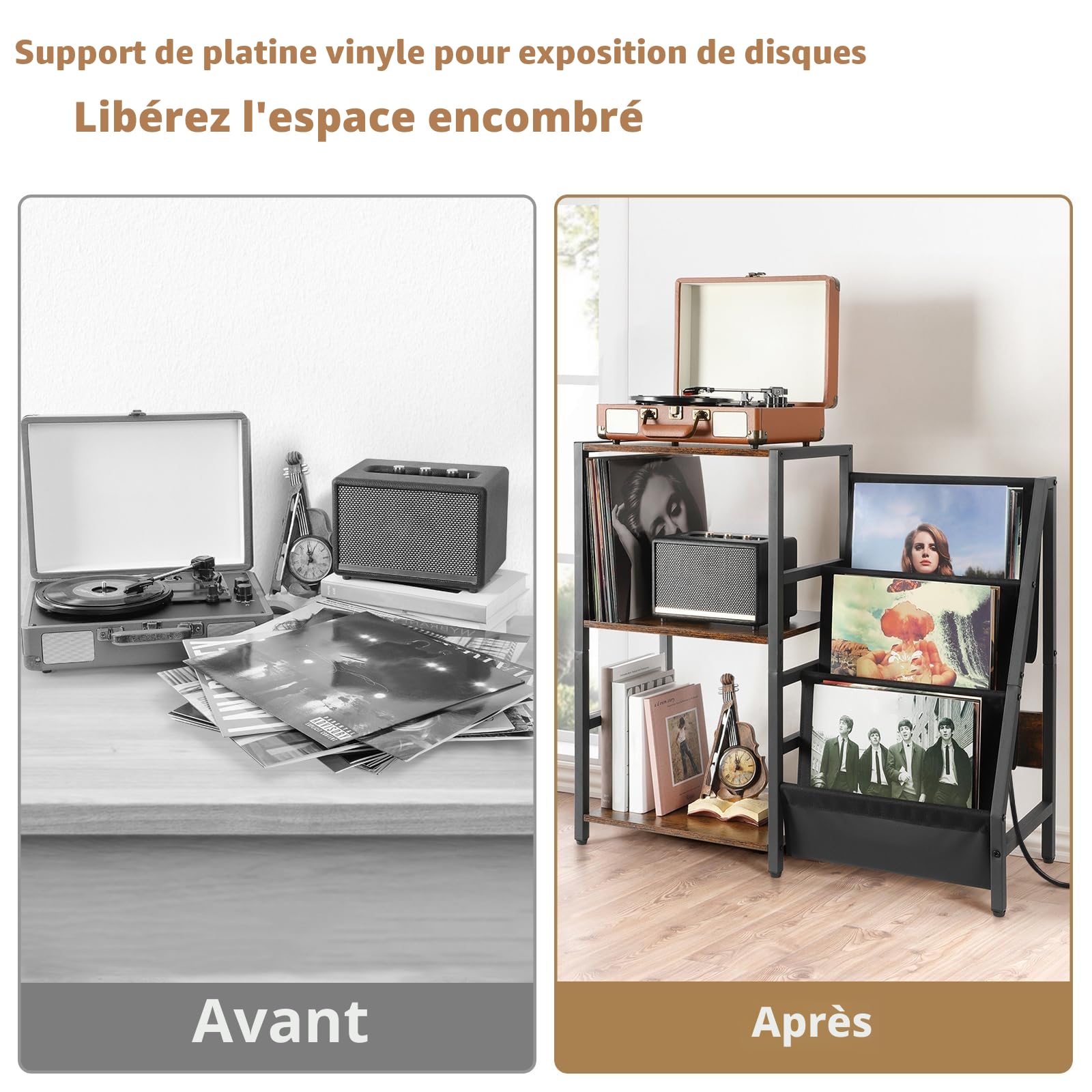 Bikoney Meuble Platine Vinyle avec Prise de Courant, Table d’Appoint à 3 Niveaux pour Tourne-Disque et Rangement jusqu’à 200 Albums, Support Design pour Disques et Salon
