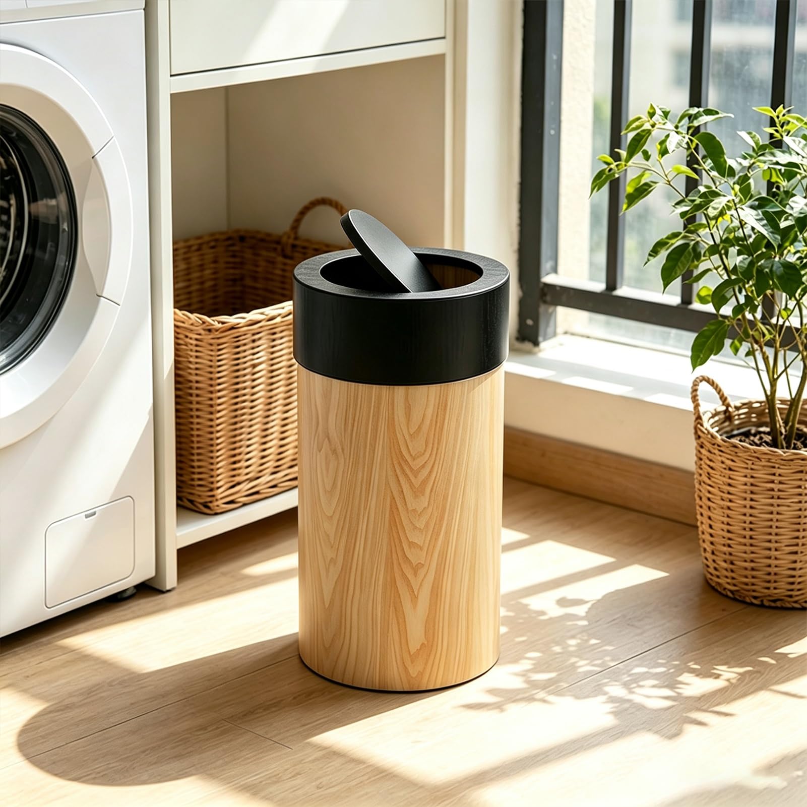 Drsyffsup Pattumiera cilindrica Moderna nordica, pattumiera Rotonda in Legno con Coperchio Basculante per Bagno, Camera da Letto, Soggiorno, Cestino per la Carta in Legno per Ufficio