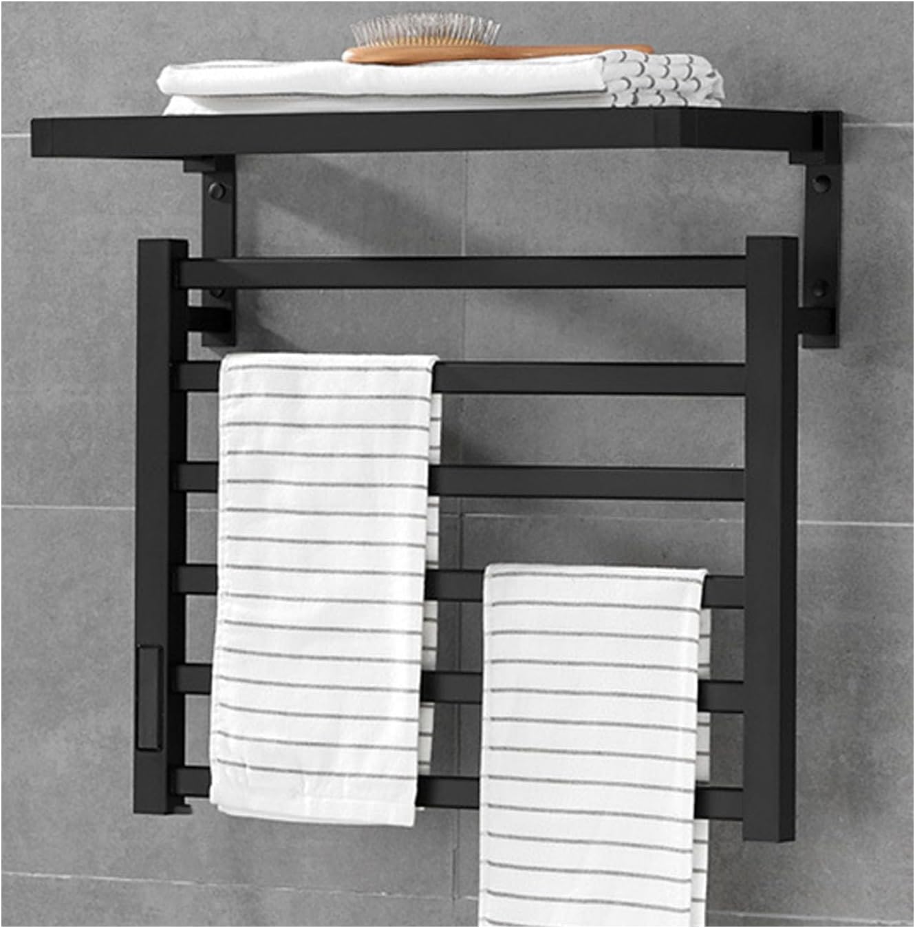 Black,Right line,Temperature Adjustments Heated Towel Rack with Timer,s for Bathroom with Top Shelf,Wall Mounted Heated Drying Rack